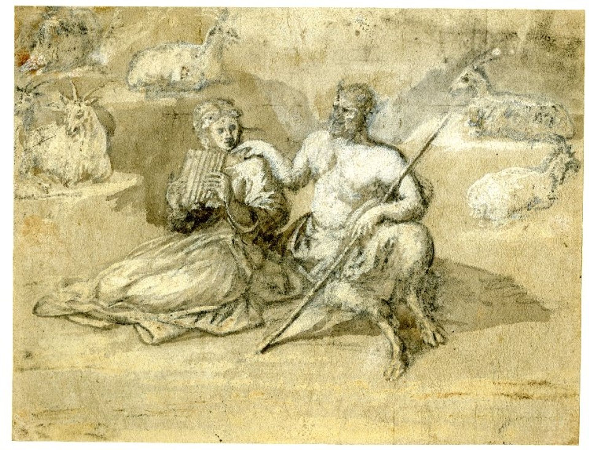 Drawing of a satyr, a girl and goats by Claude Lorrain