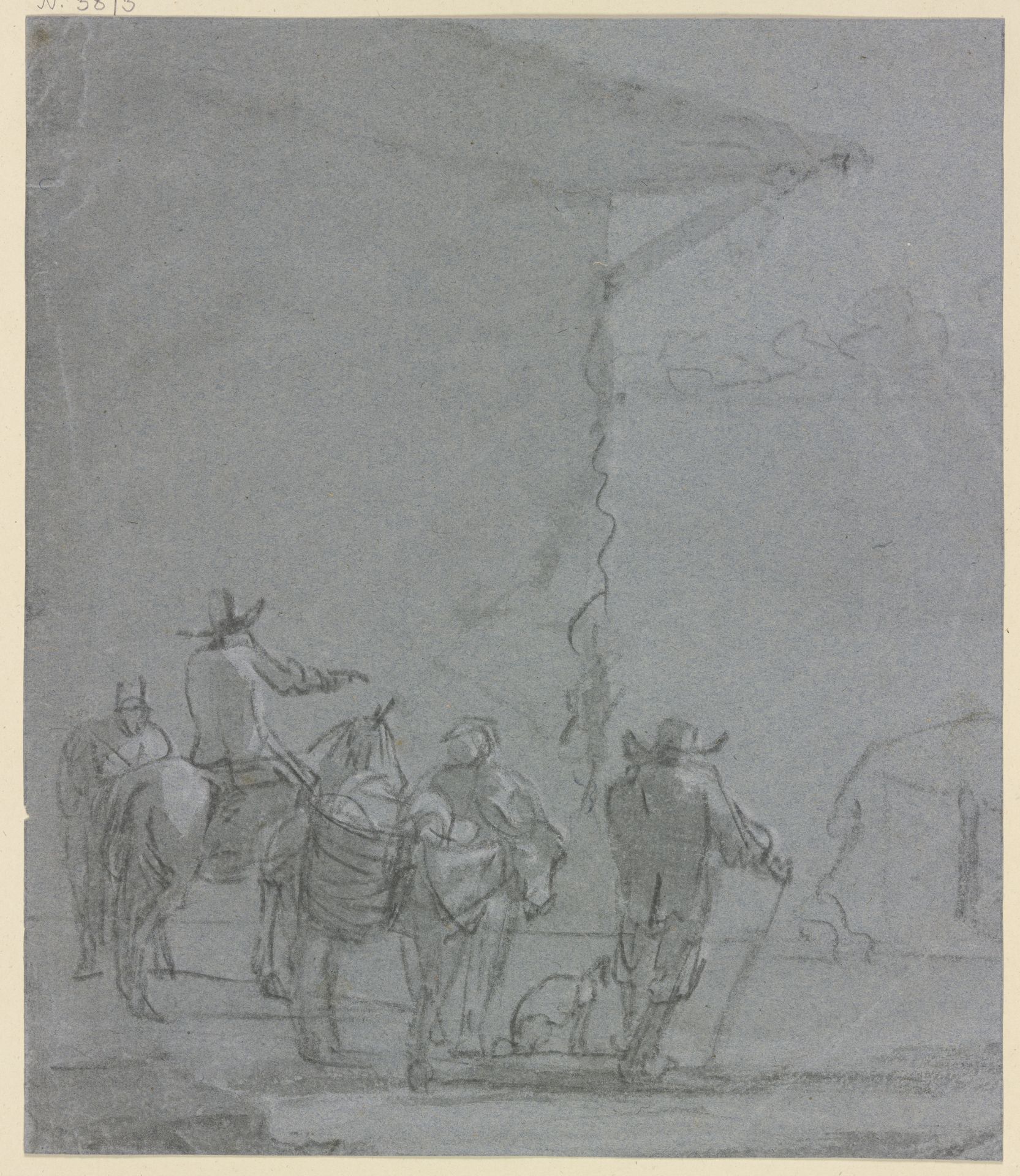 Gruppe mit einem Berittenen und einem Packtier vor einem Haus by Jan Asselijn