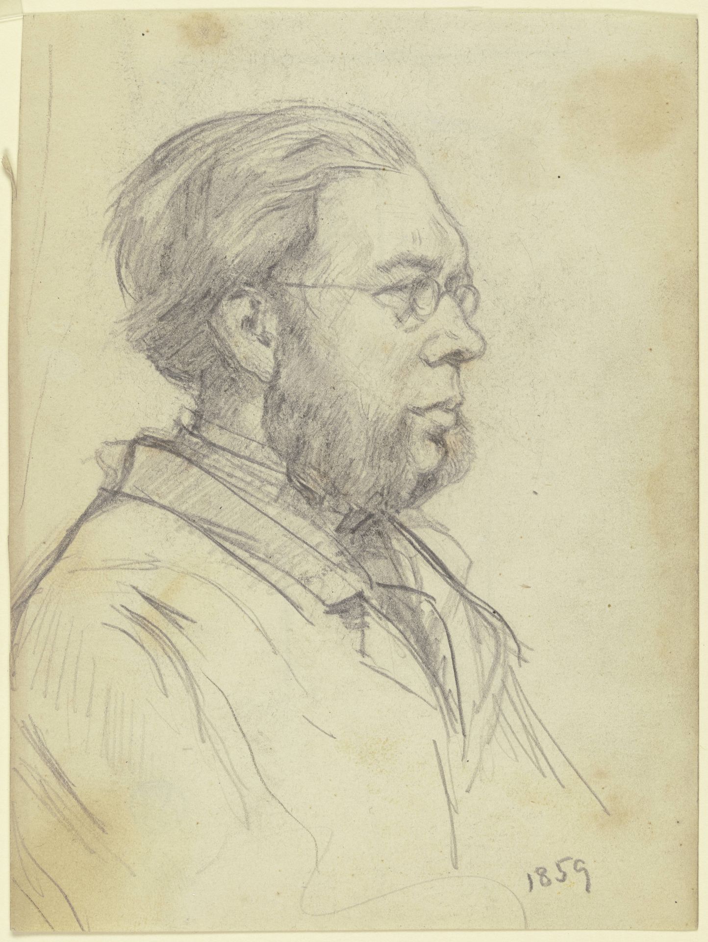 Brustbild eines Mannes nach links mit Gabelbart und Brille by Otto Scholderer