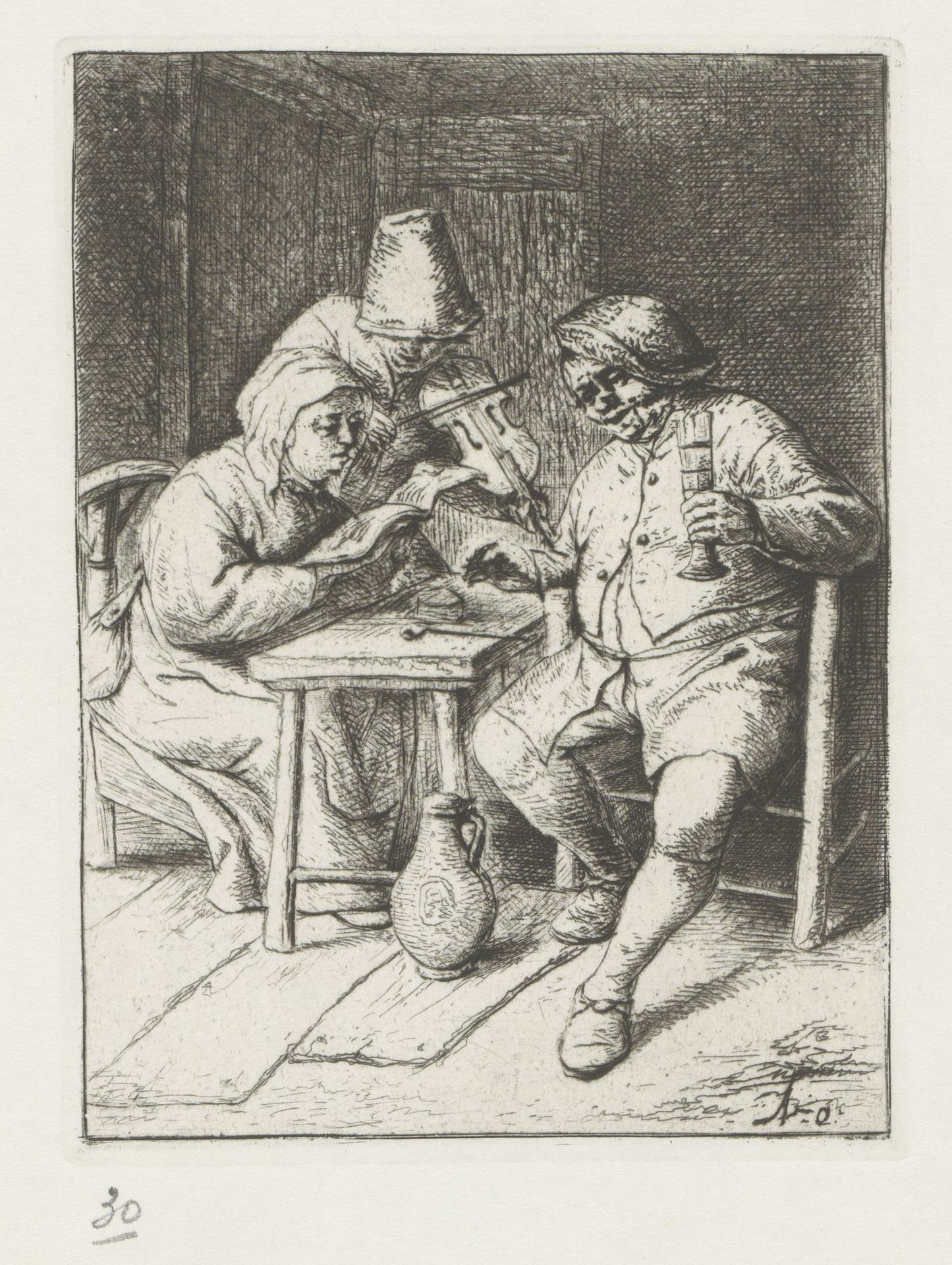 Vioolspeler en een zingende man en vrouw by Adriaen van Ostade