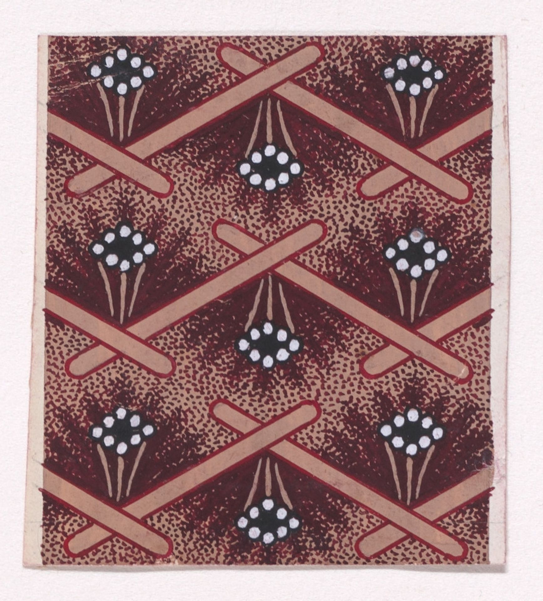 Textile Design with Horizontal Rows of Undulating Garlands and Zig-Zagging Stiff Branches Flanked by Rosettes of Pearls Over a Stippled Background by Anonymous