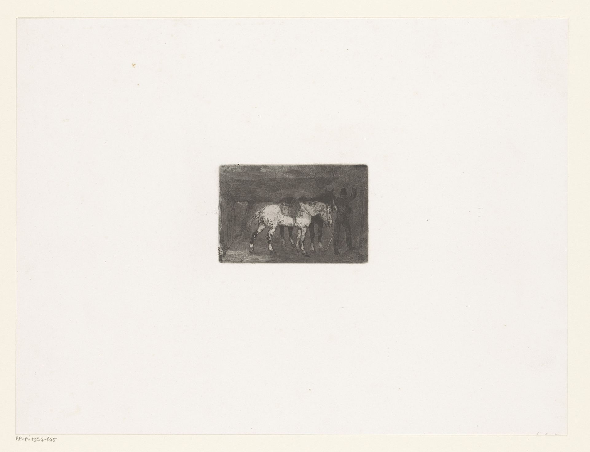 Man met twee paarden in een stal by John-Lewis Brown
