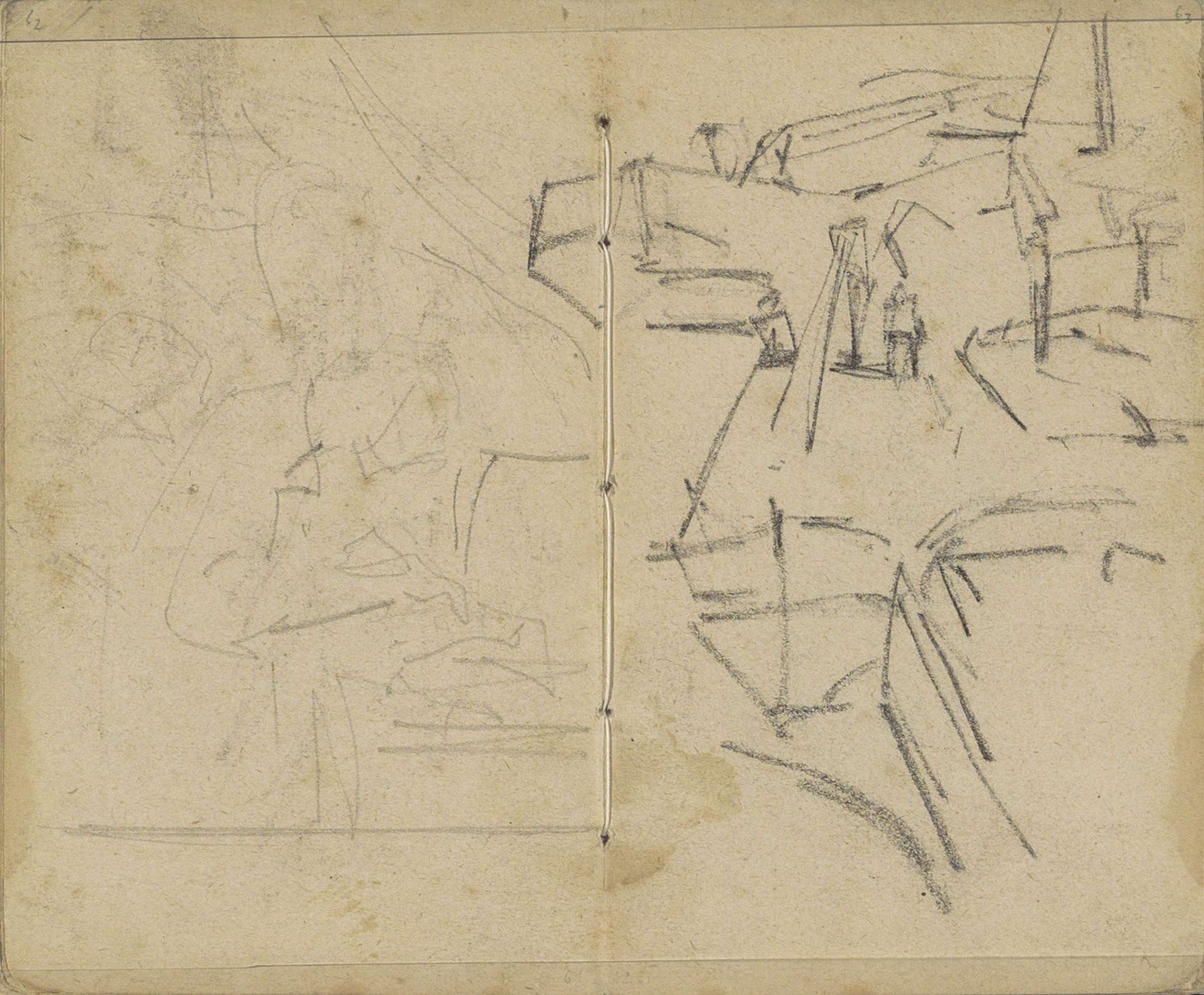Studieblad met figuren en architectuur by George Hendrik Breitner