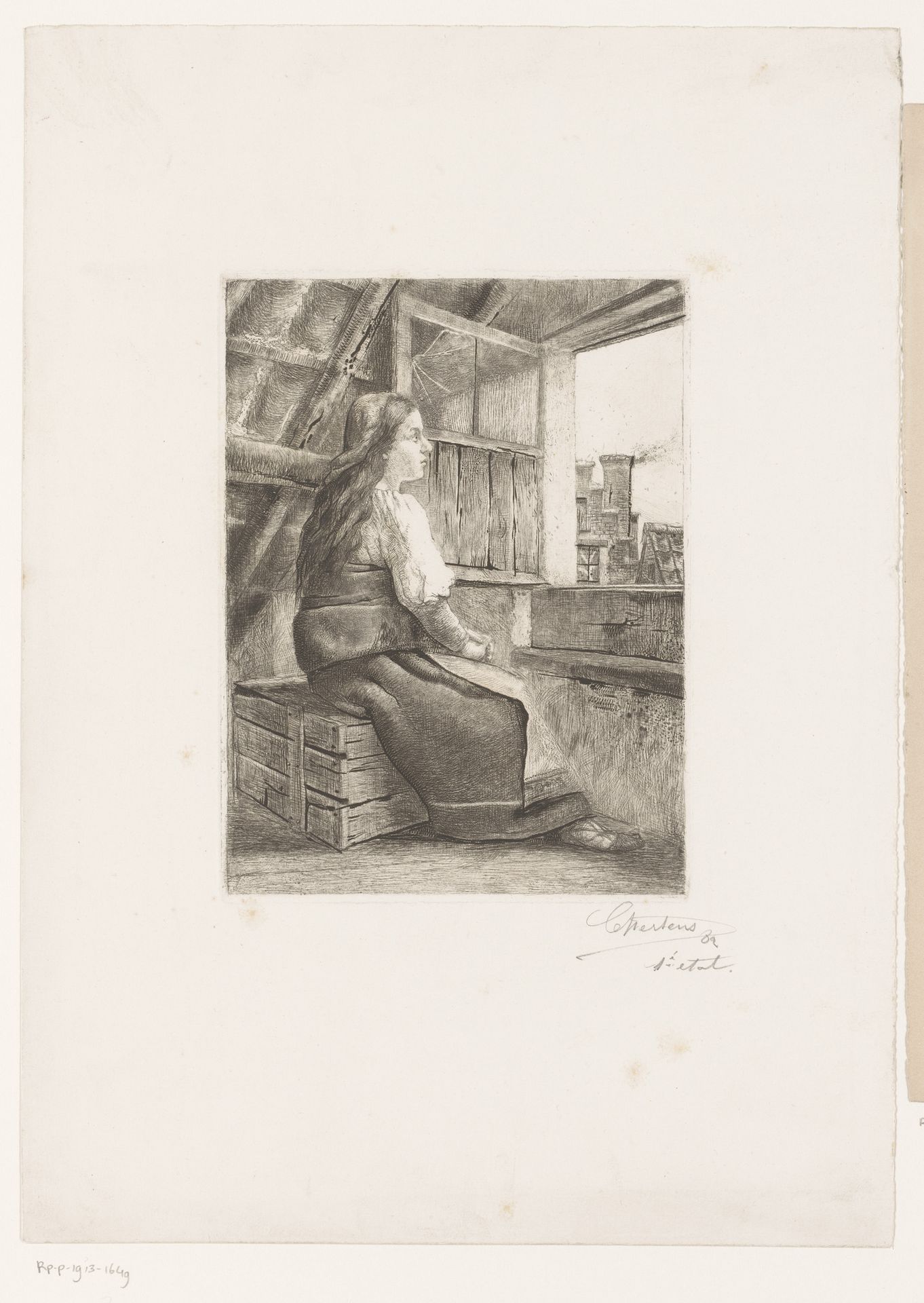 Meisje kijkt via een dakvenster naar buiten by Charles Mertens