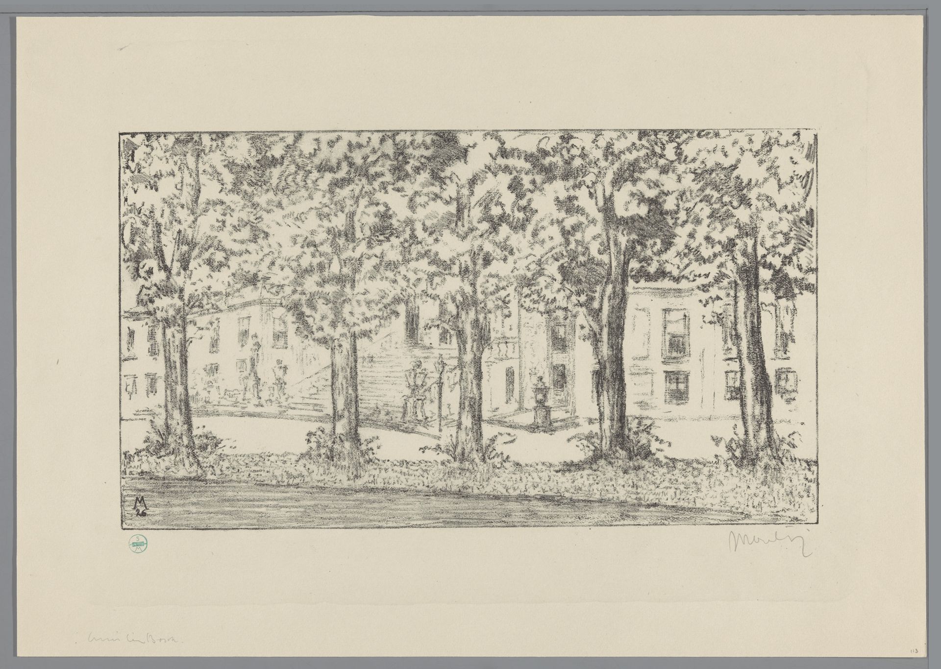 Gezicht op het bordes van Paleis Huis ten Bosch tussen een rij bomen by Simon Moulijn