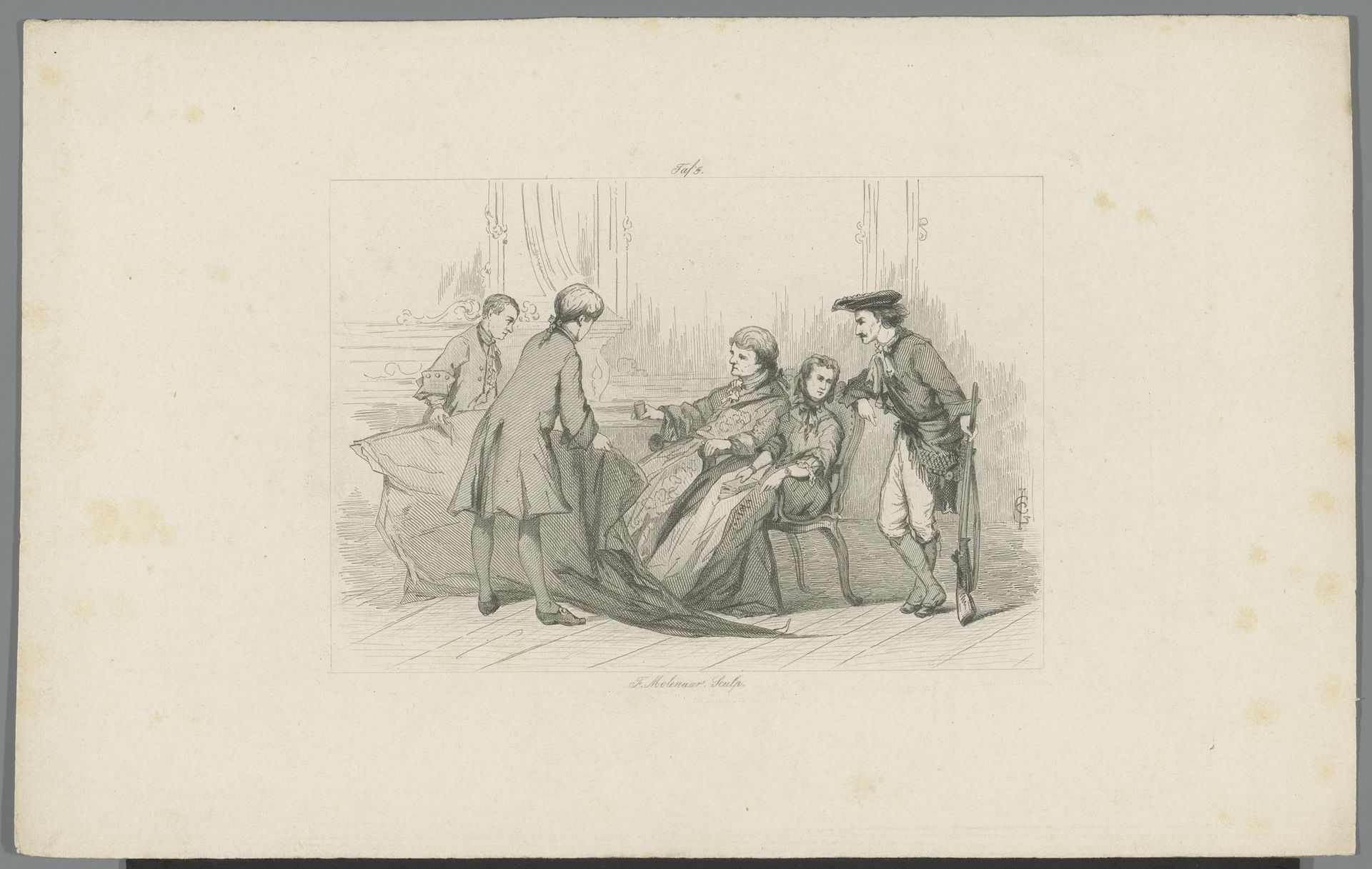 Man bekijkt geschilderd behangsel, 18e eeuw by Frans (1821-1886) Molenaar