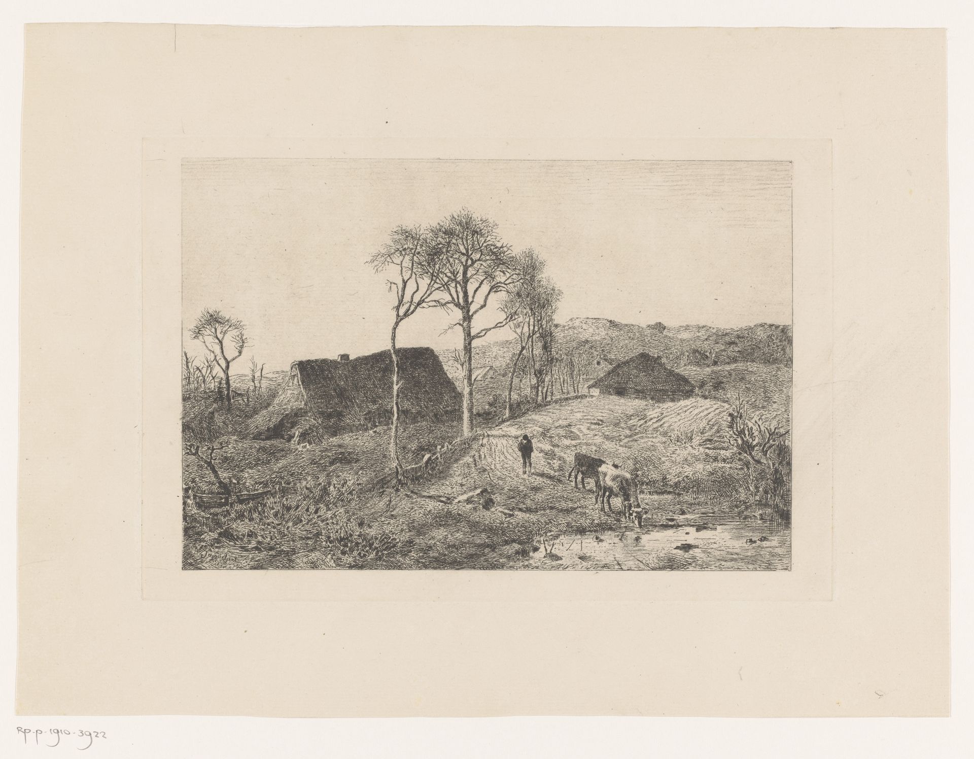 Drinkende koe in landschap met twee boerderijen by Lambert Jacquelart