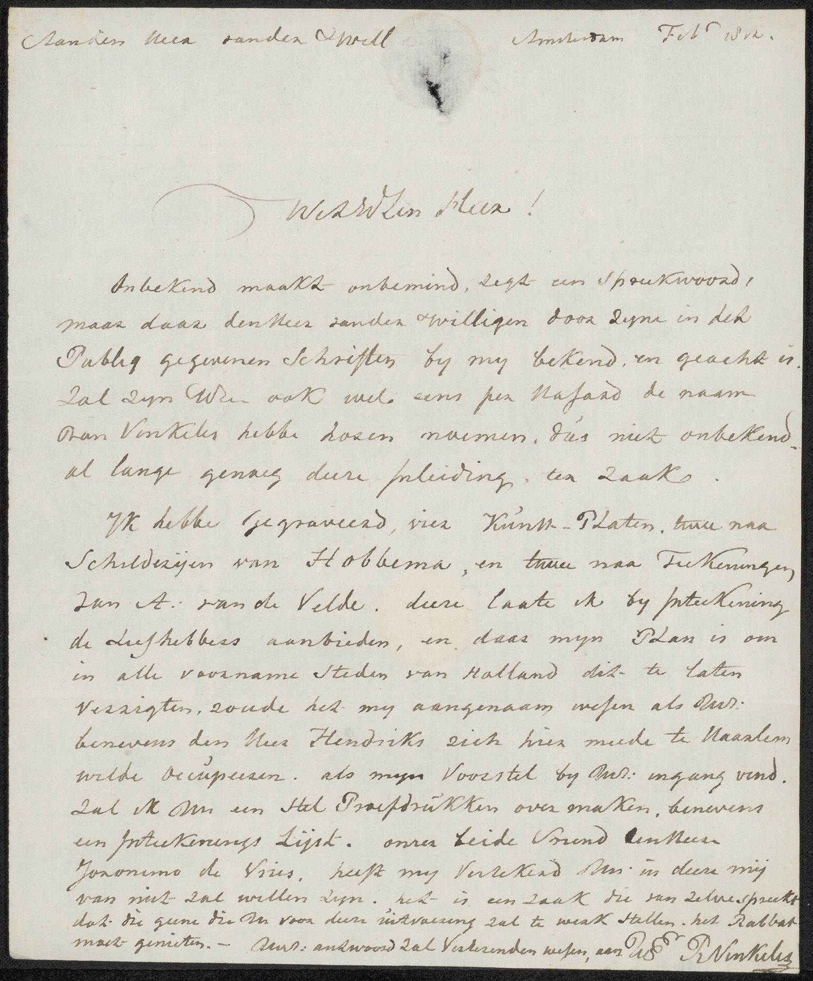 Brief aan Adriaan van der Willigen by Reinier Vinkeles