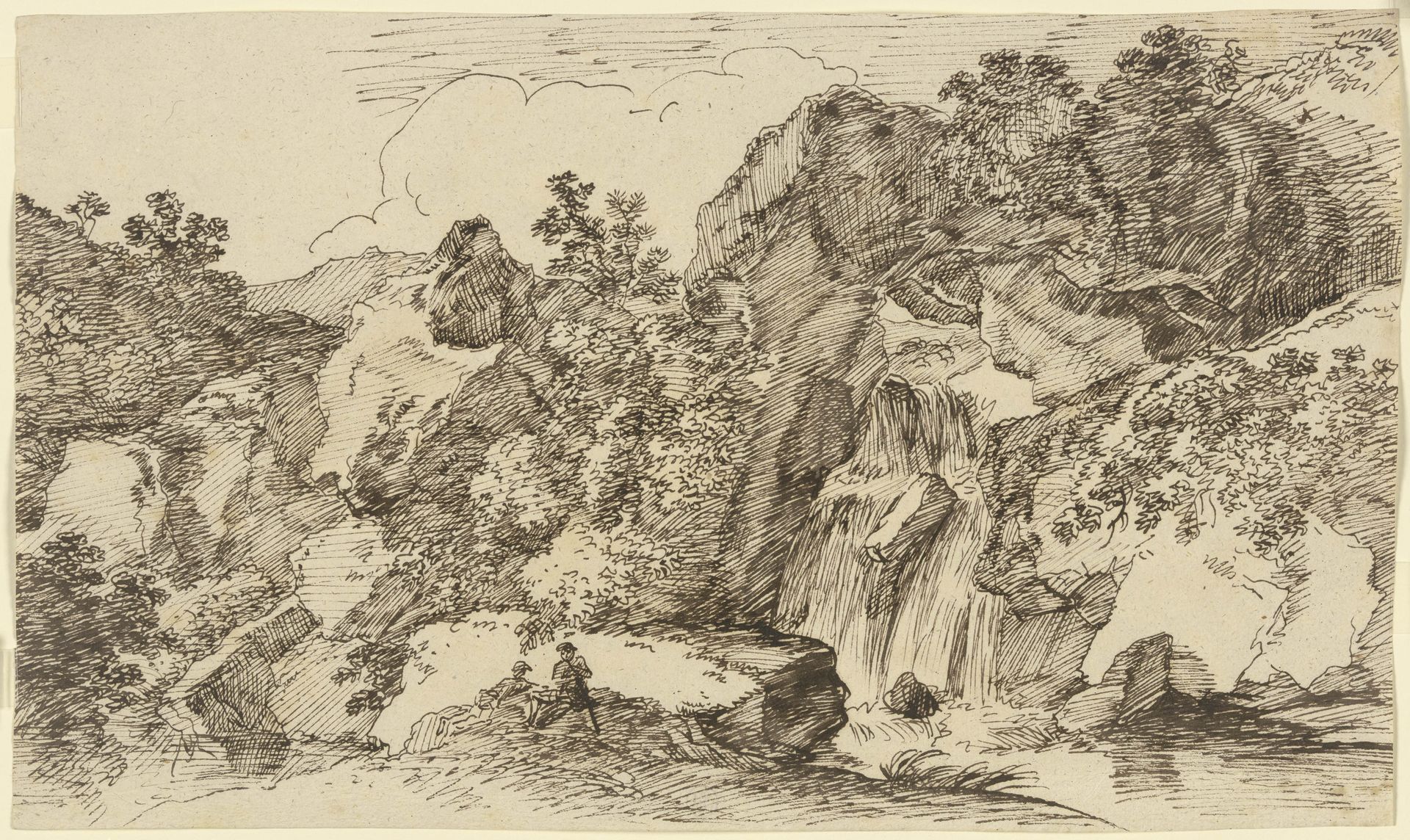 Zwei Wanderer am Wasserfall im Gebirge ruhend by Franz Kobell