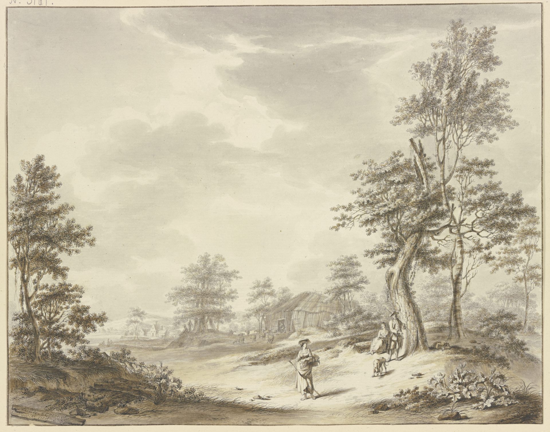 Unter einzelnen Baumgruppen einige Hütten, dabei ein Hirte mit Vieh, im Vordergrund ein barfüßiges Mädchen mit einem Korbe am Arm und einem Stock in der Hand by Leendert Overbeek