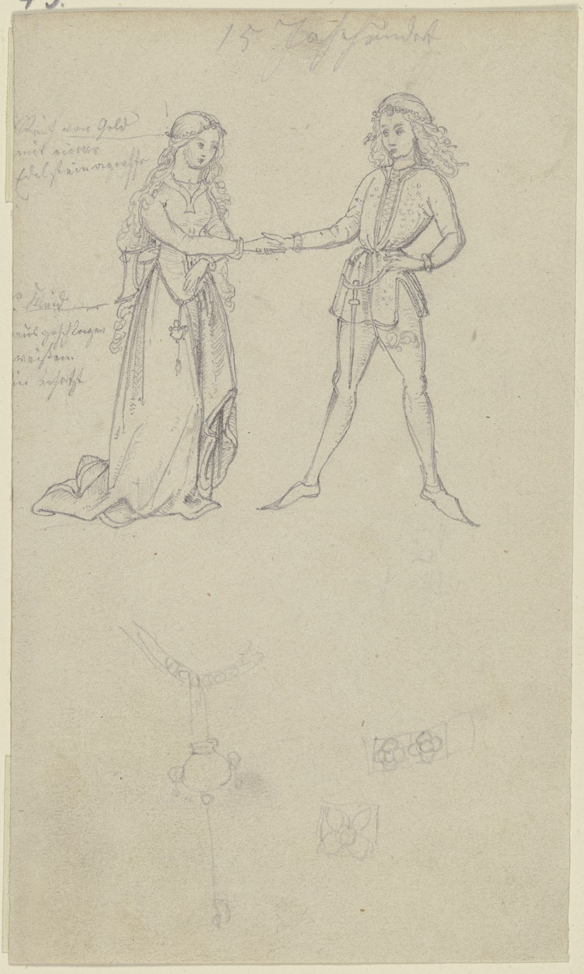 Liebespaar in mittelalterlicher Tracht, darunter Details des Schmucks by Gustav Heinrich Naeke