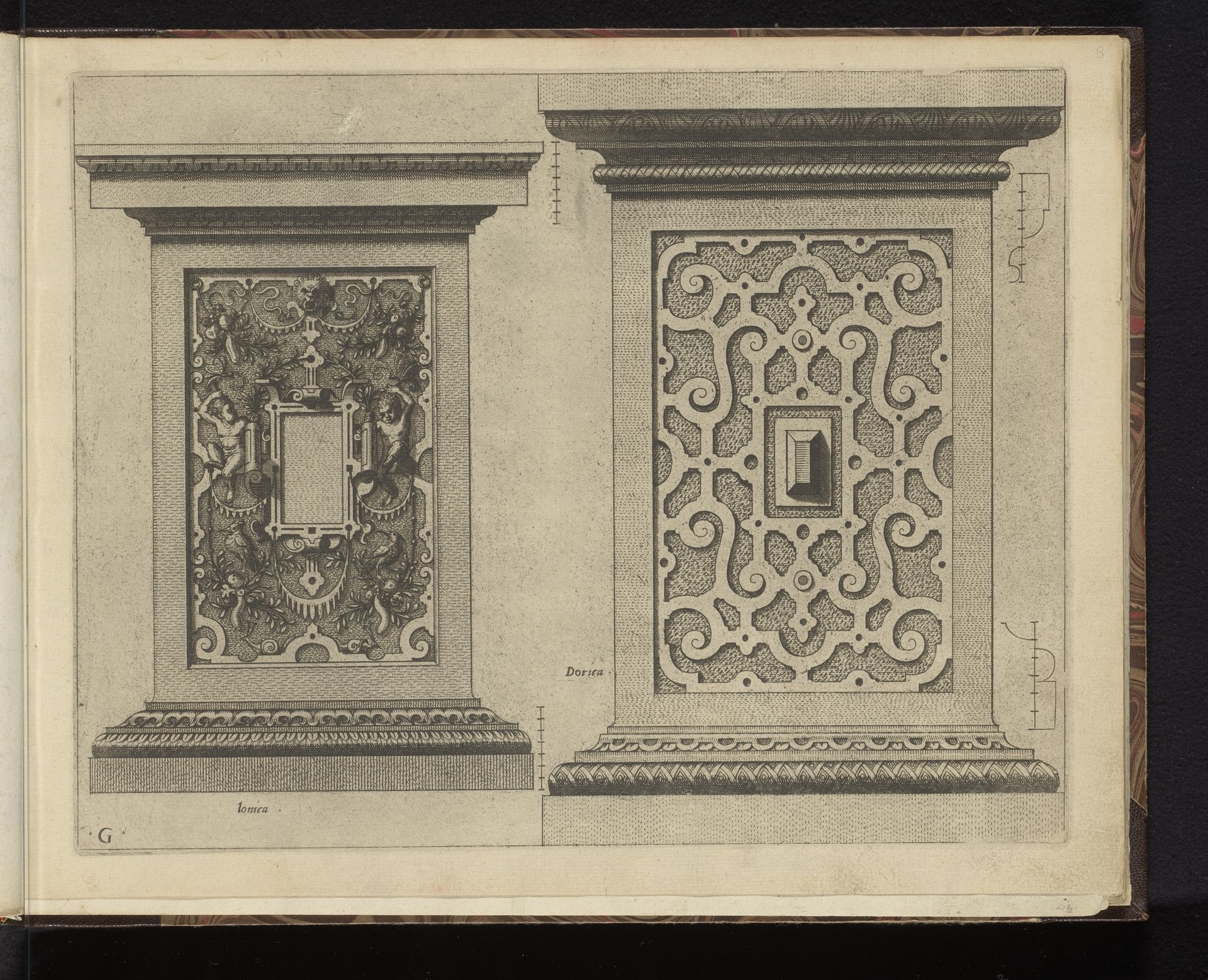 Twee piëdestals, in de Ionische en Dorische Orde by Johannes of Lucas van Doetechum