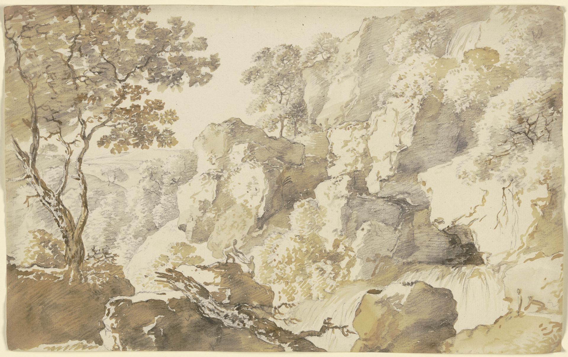 Baumbestandene Felslandschaft mit Wasserfall und zwei Wanderern, die einander beim Anstieg helfen by Franz Kobell