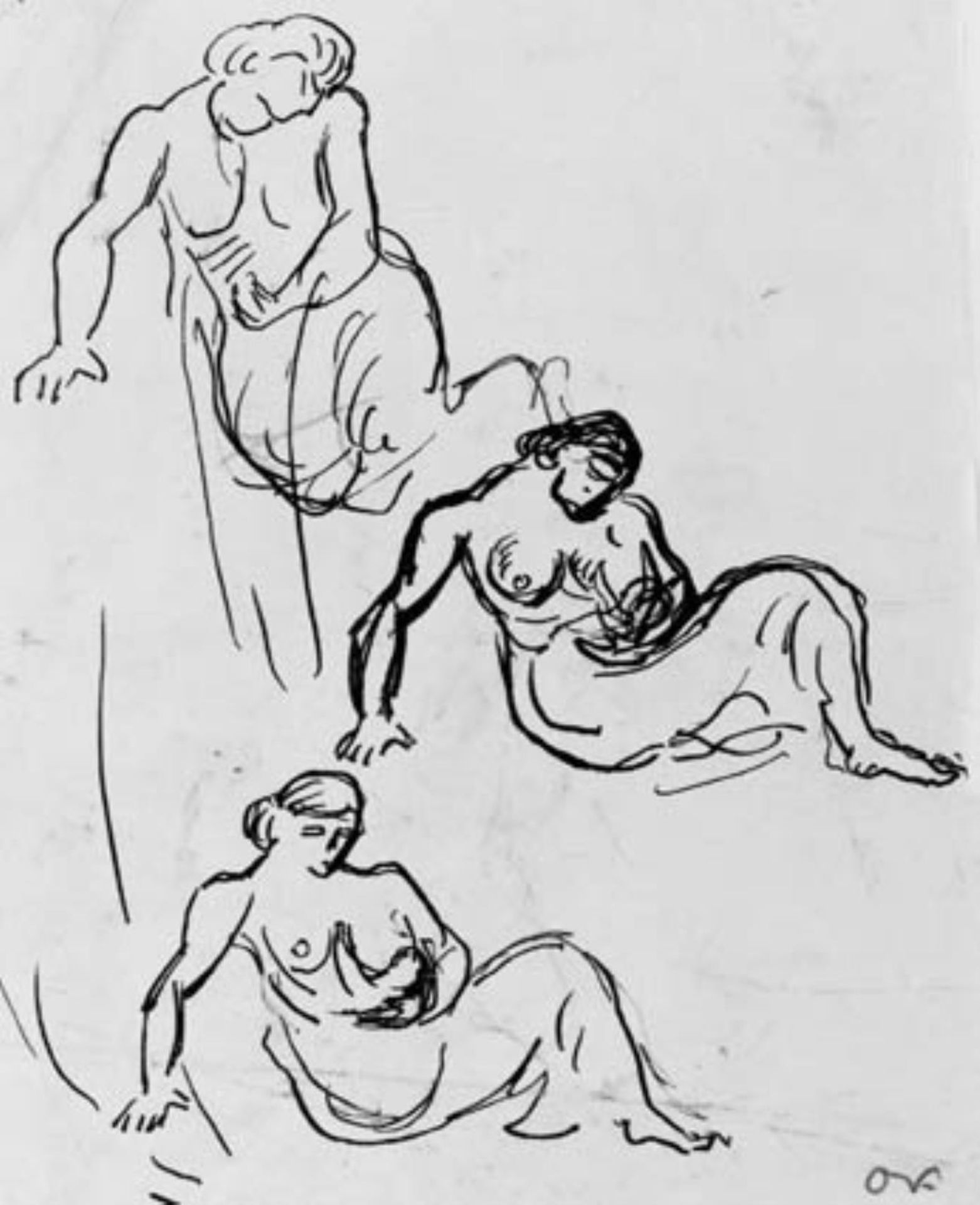 Tre studier af draperet kvinde, hvilende på højre arm. by Othon Friesz