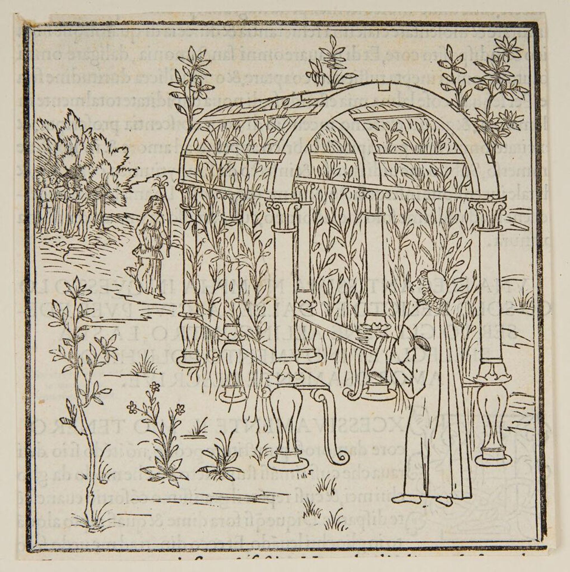 Poliphilus looking through the bower while his mistress Polia is approaching at a distance (fol. i iii verso) by Anonymous