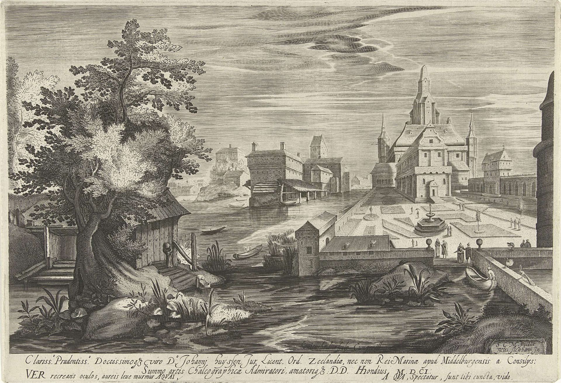 Lente, een landschap met een kasteel by Hendrick Hondius I