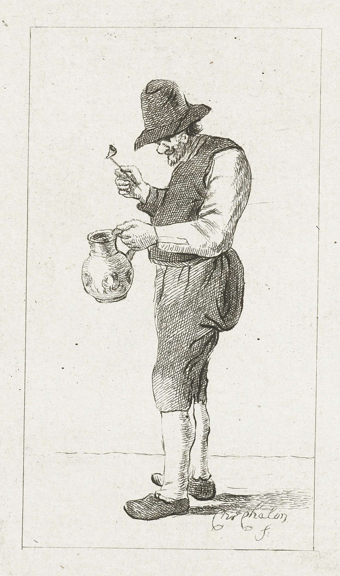 Staande man met pijp en kruik by Pieter de Mare