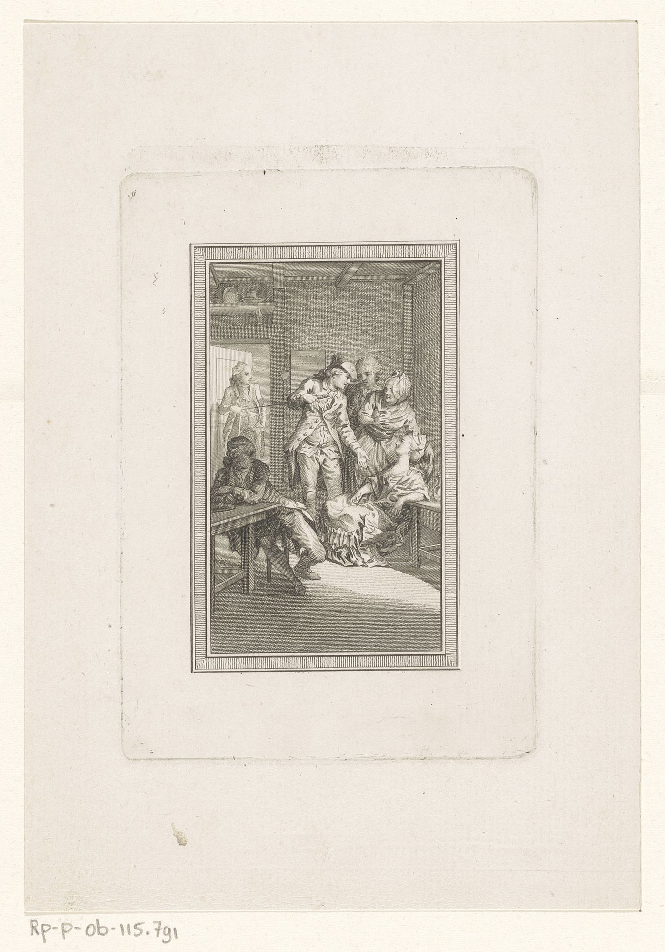 Groep mensen in een vertrek, waarvan drie zich buigen over een liggende vrouw by Carl Leberecht Crusius