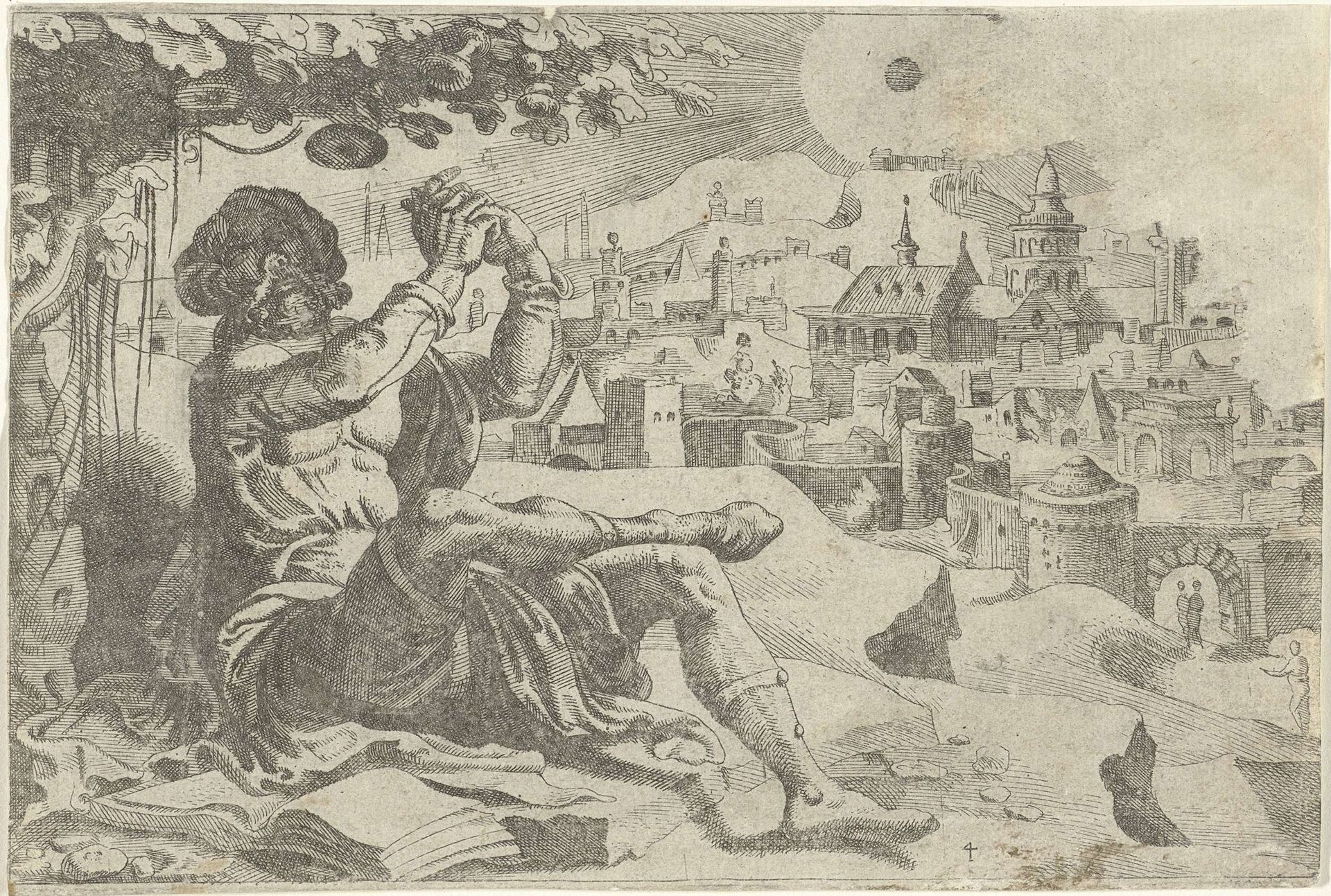 Jona onder de boom met kalebassen by Dirck Volckertsz Coornhert