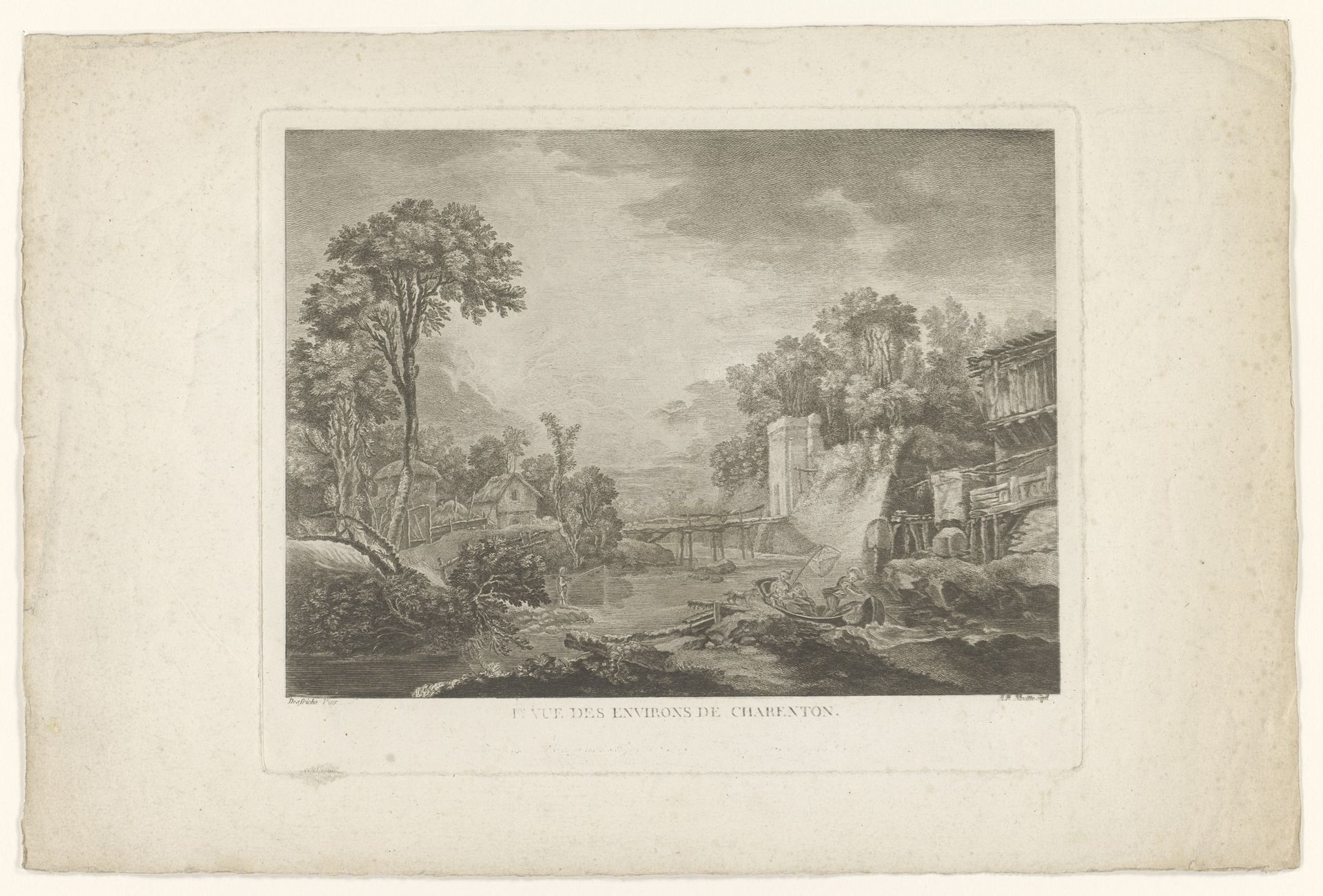 Landschap met houten brug over een rivier bij Charenton by Angélique Moitte