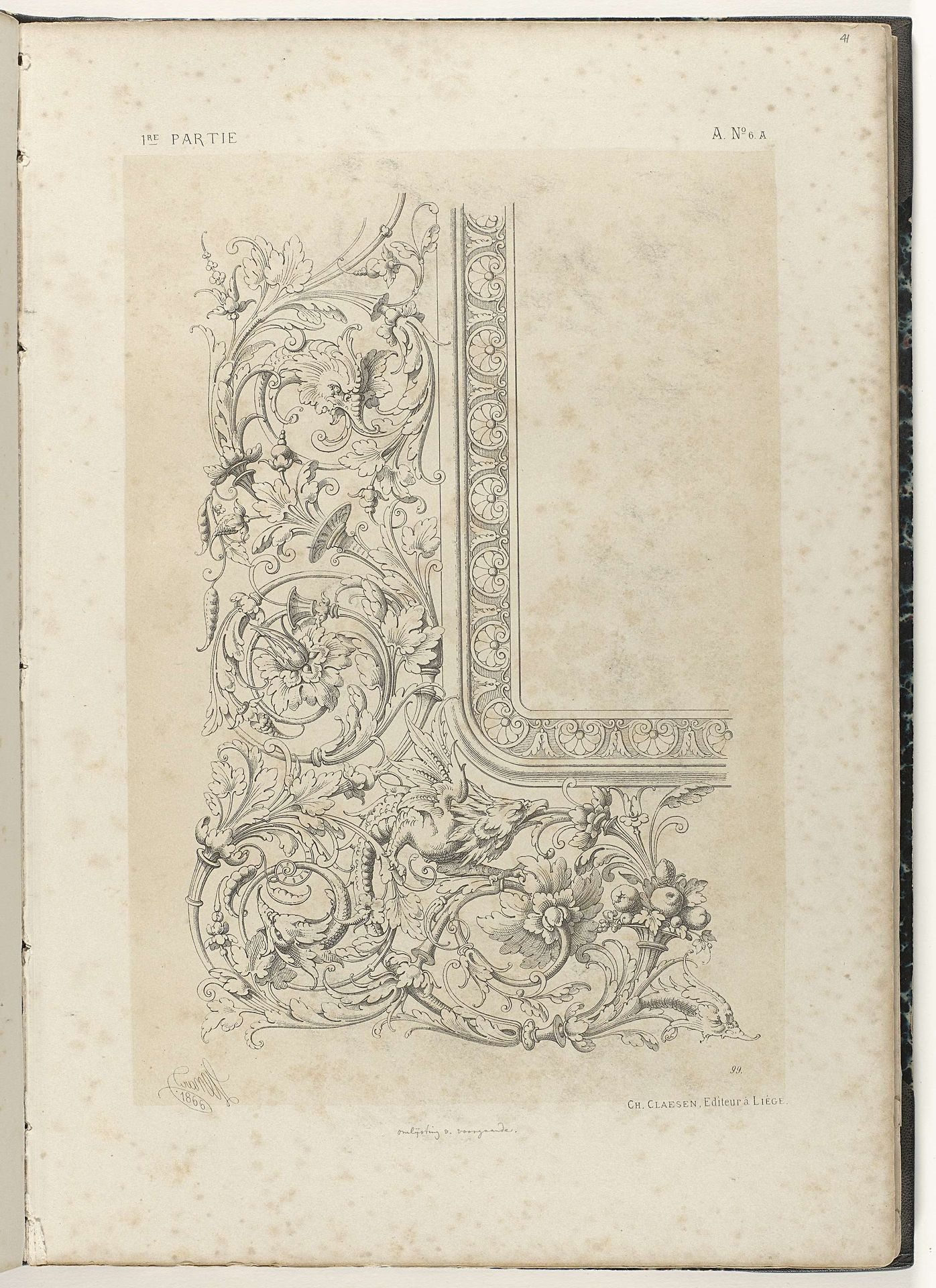 Kwart van lijst met bladranken en bloemen by Michel Liénard