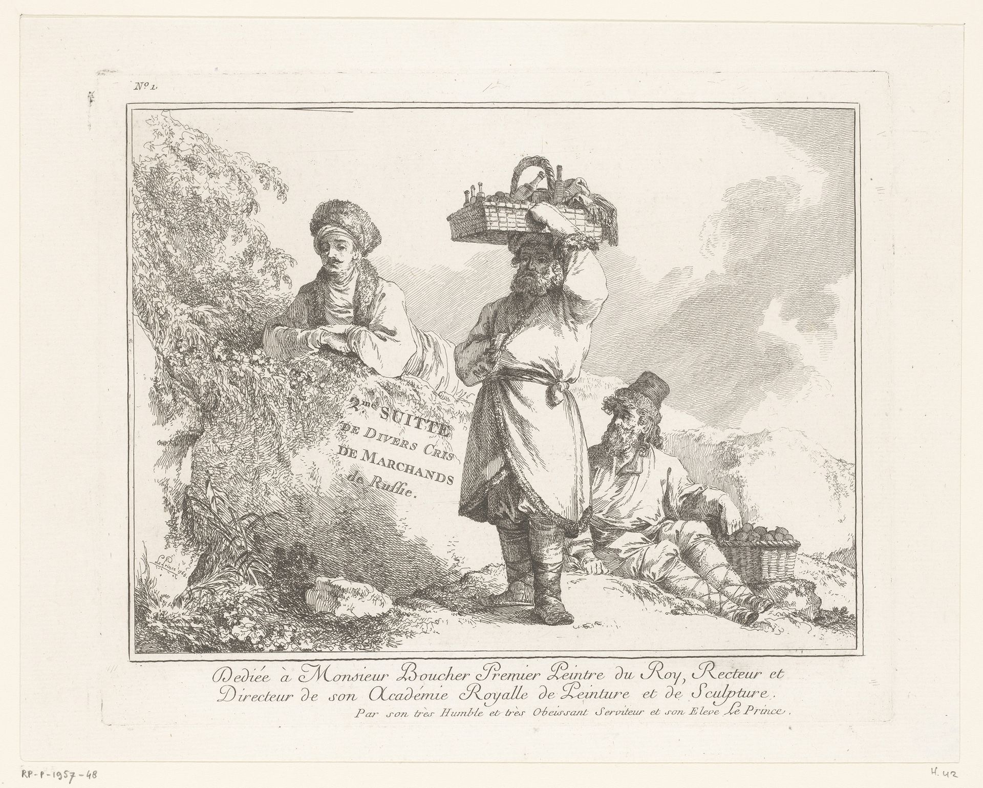 Titelprent met drie straatverkopers met hun goederen bij een rots by Jean Baptist Leprince