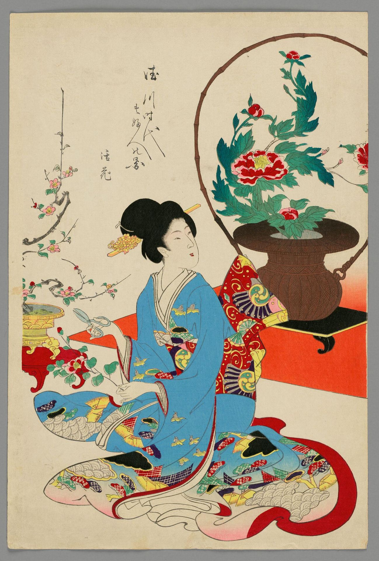 Arranging Flowers (Ikebana), from the series The Appearance of Upper-Class Women of the Edo Period (Tokugawa jidai kifujin no sugata) by YÅshÅ« (Hashimoto) Chikanobu (æ¥æ´²å¨å»¶)
