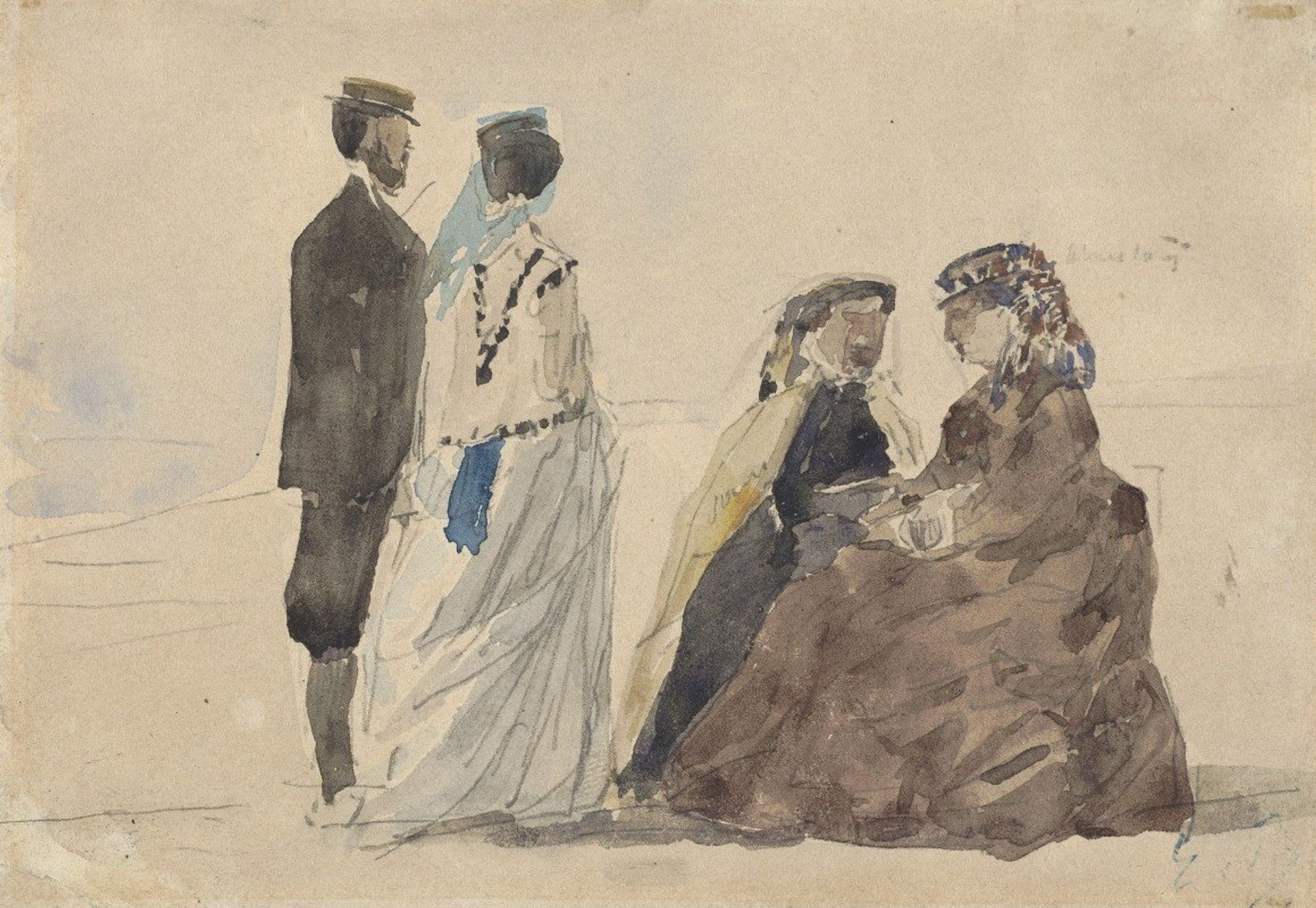 Two Ladies Seated and a Couple Walking on the Beach by Eugène Boudin
