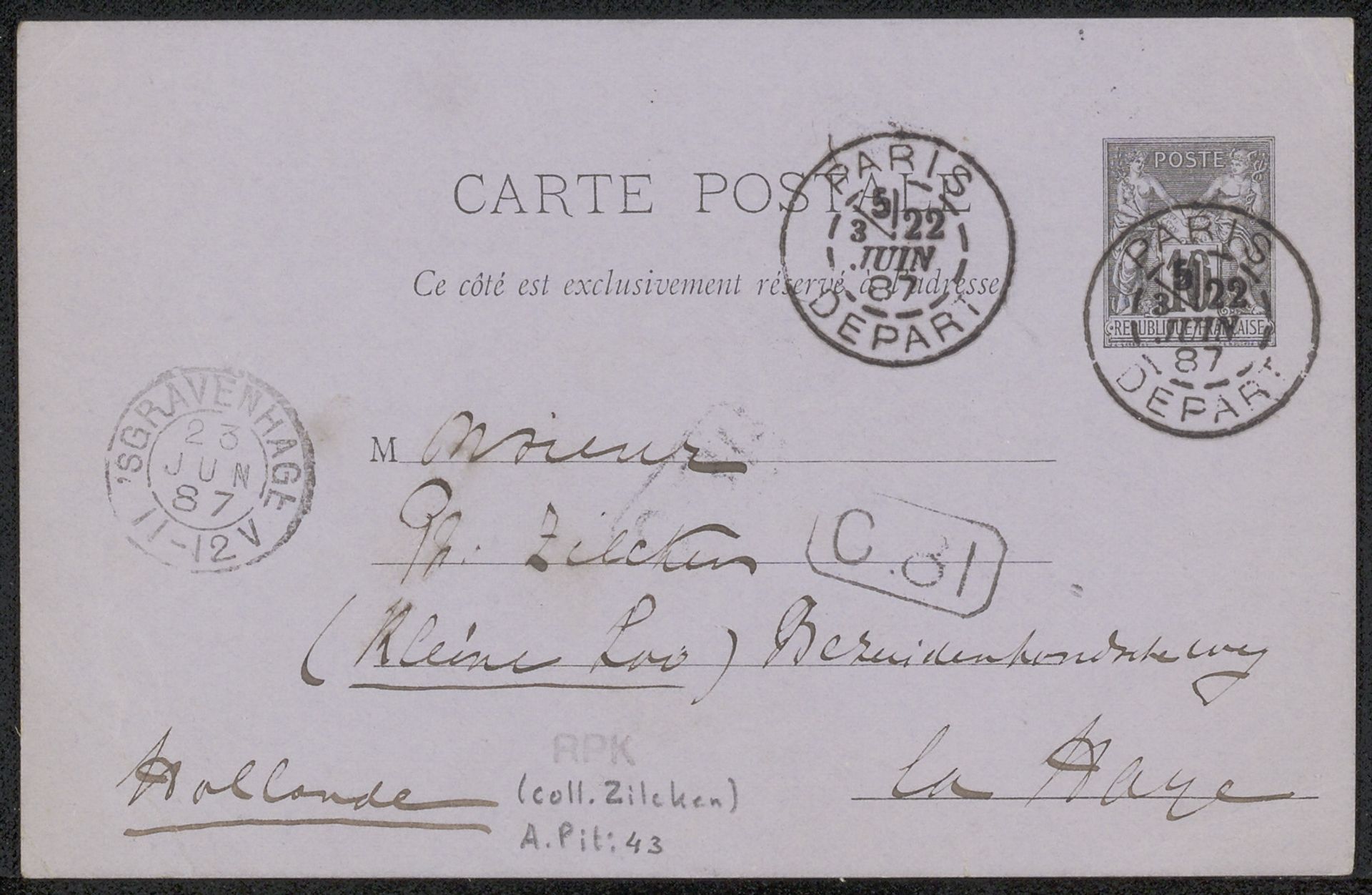 Briefkaart aan Philip Zilcken by Adriaan Pit