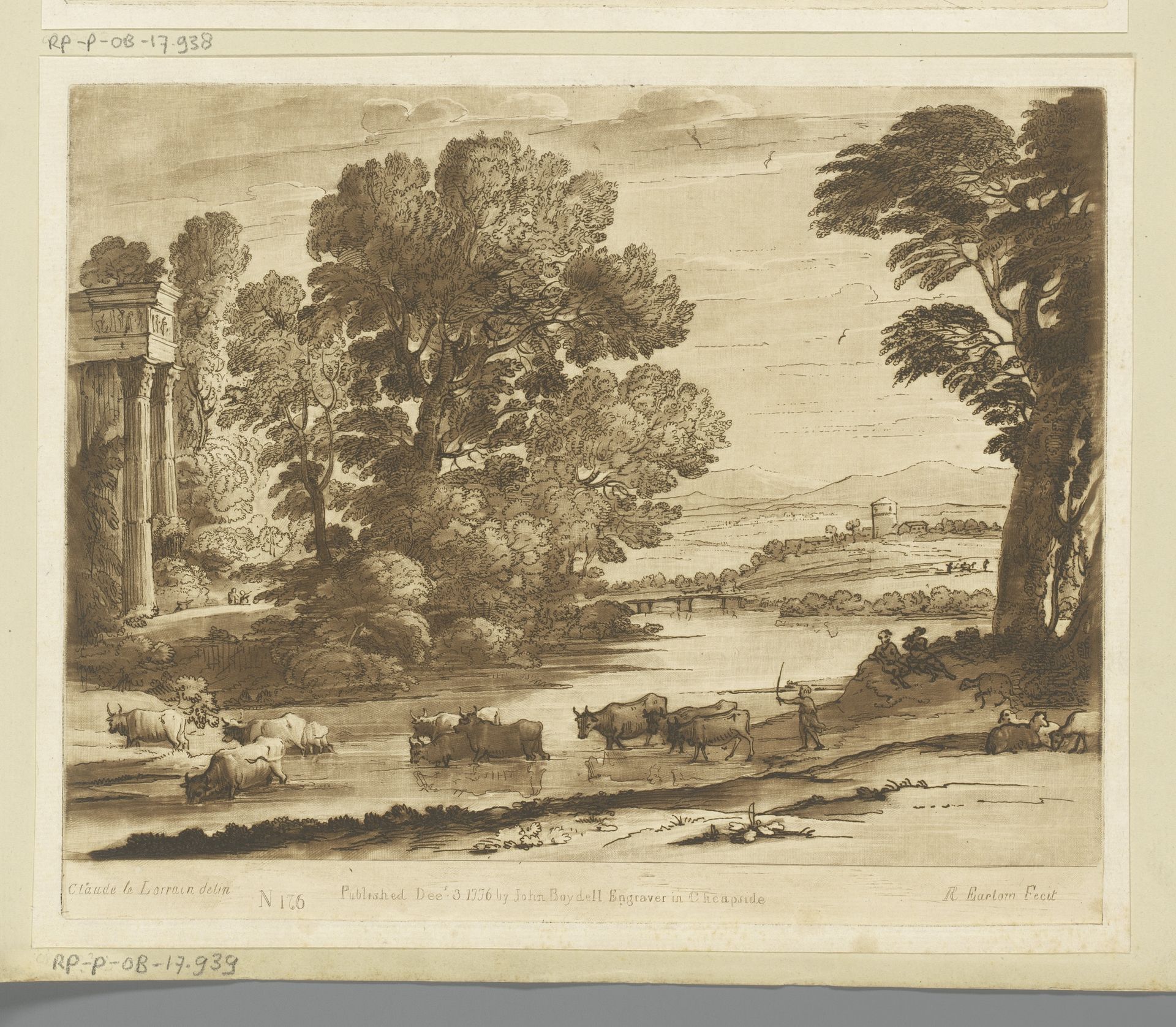 Landschap met ruïne en vee dat een rivier oversteekt by Richard Earlom