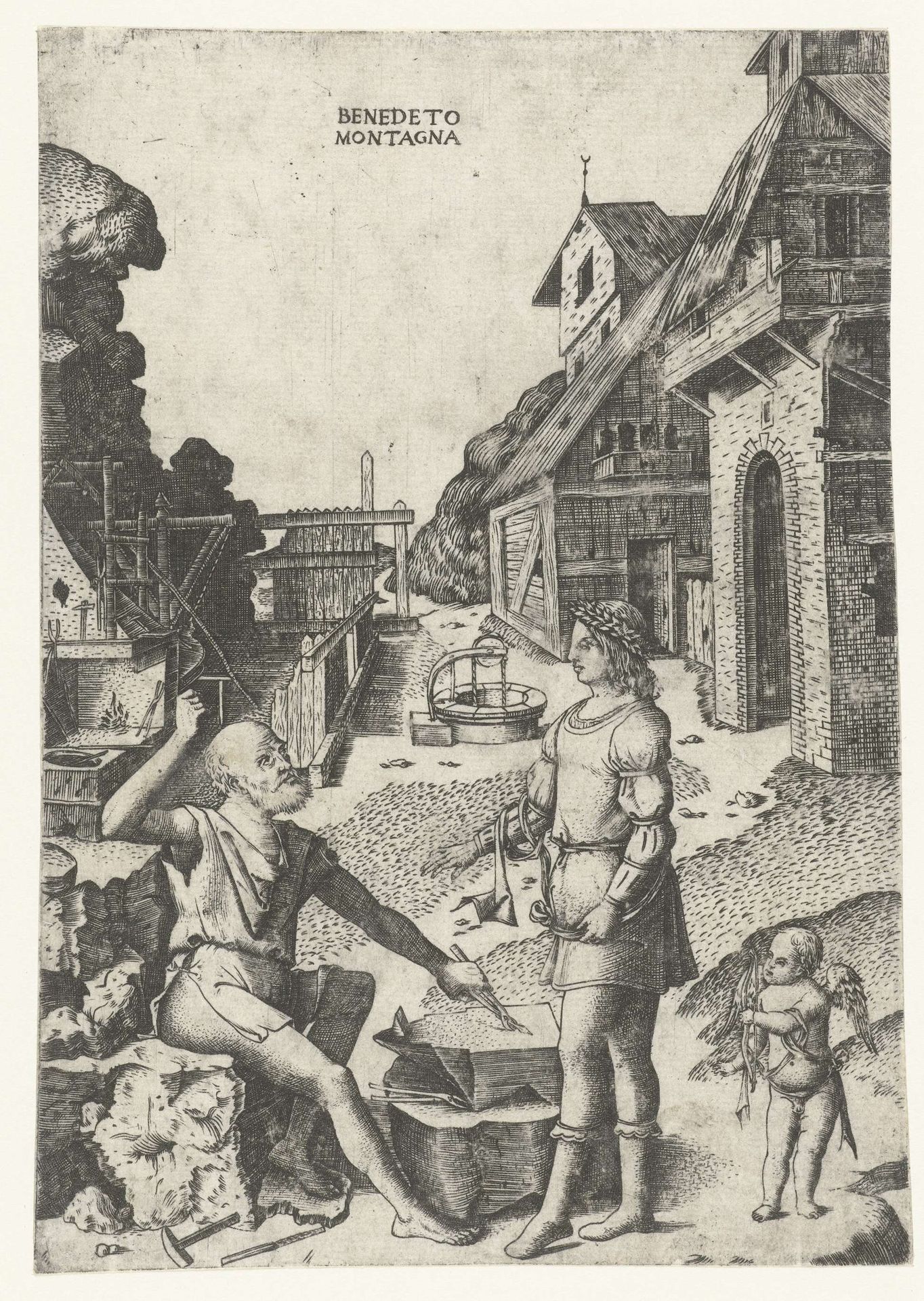 Apollo met Cupido bij Vulcanus by Benedetto Montagna