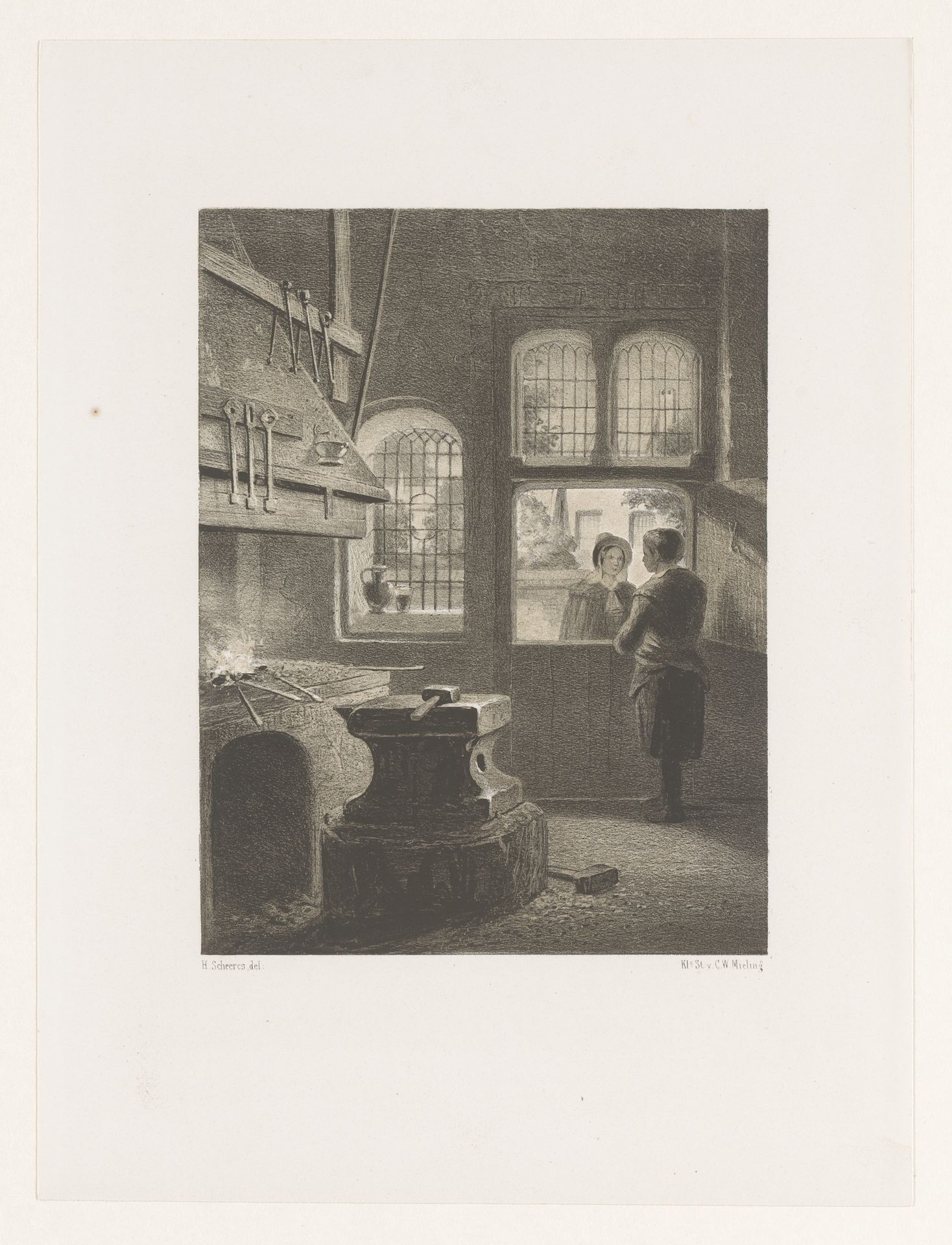 Smid in gesprek met vrouw by Hendricus Johannes Scheeres