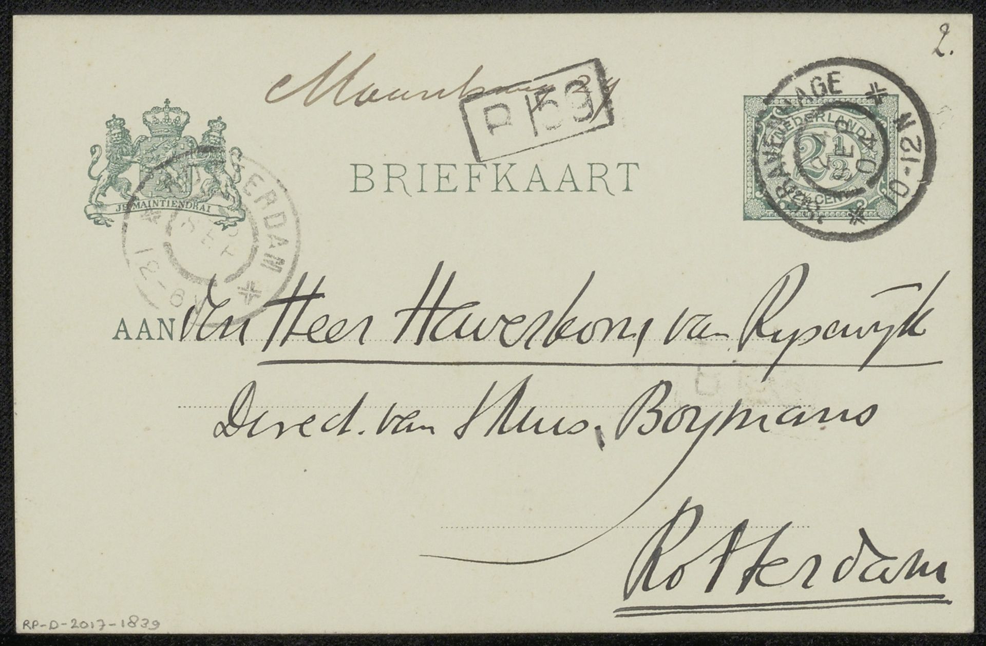 Briefkaart aan Pieter Haverkorn van Rijsewijk by Albert Charles Auguste Plasschaert