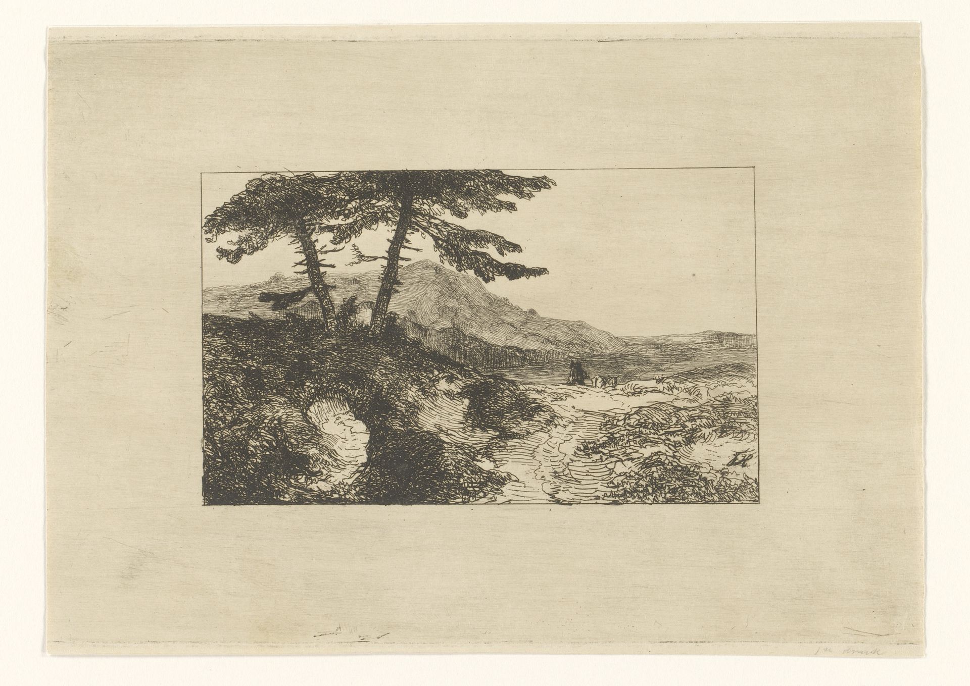 Landschap met twee dennen op een heuvel by Johannes Franciscus Hoppenbrouwers