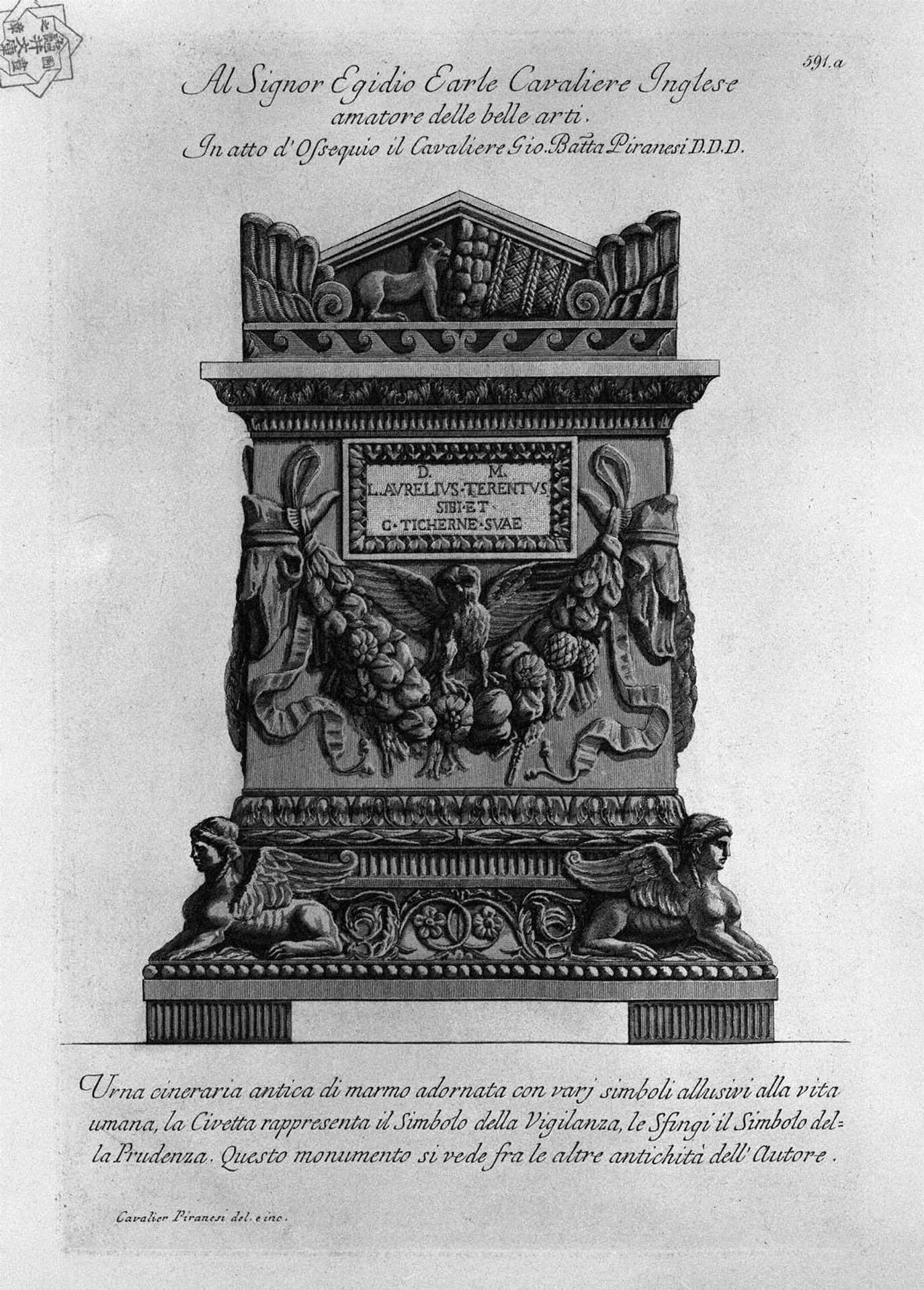 Ancient marble urn adorned with various symbols alluding to human life by Giovanni Battista Piranesi