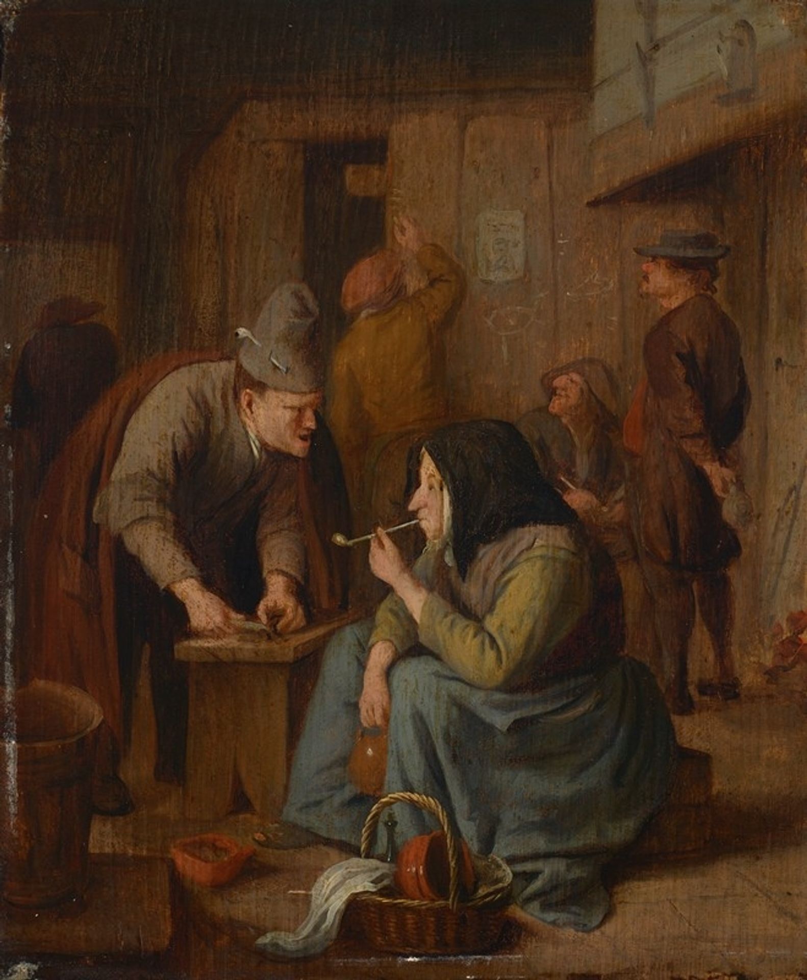 A tavern interior with a woman smoking a pipe and a man cutting tobacco by Jan Steen