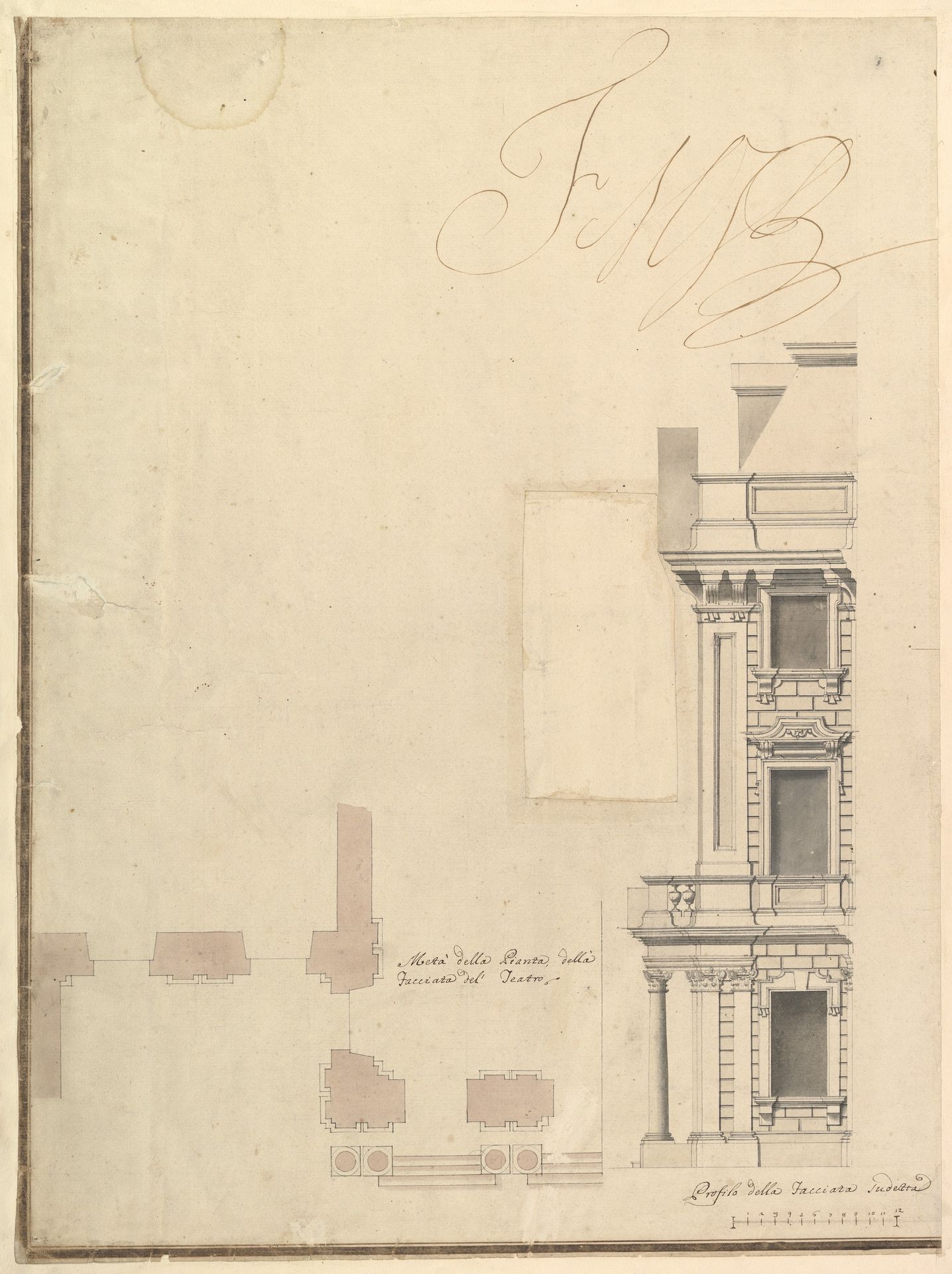 Views of a Theater (Bayreuth): Profile View of Facade and Half of the Plan by Giuseppe Galli Bibiena