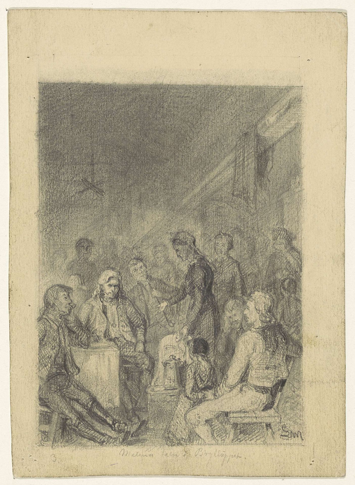 Groot gezelschap waar een vrouw een kan aanwijst by Gerhard Peter Frantz Vilhelm Munthe