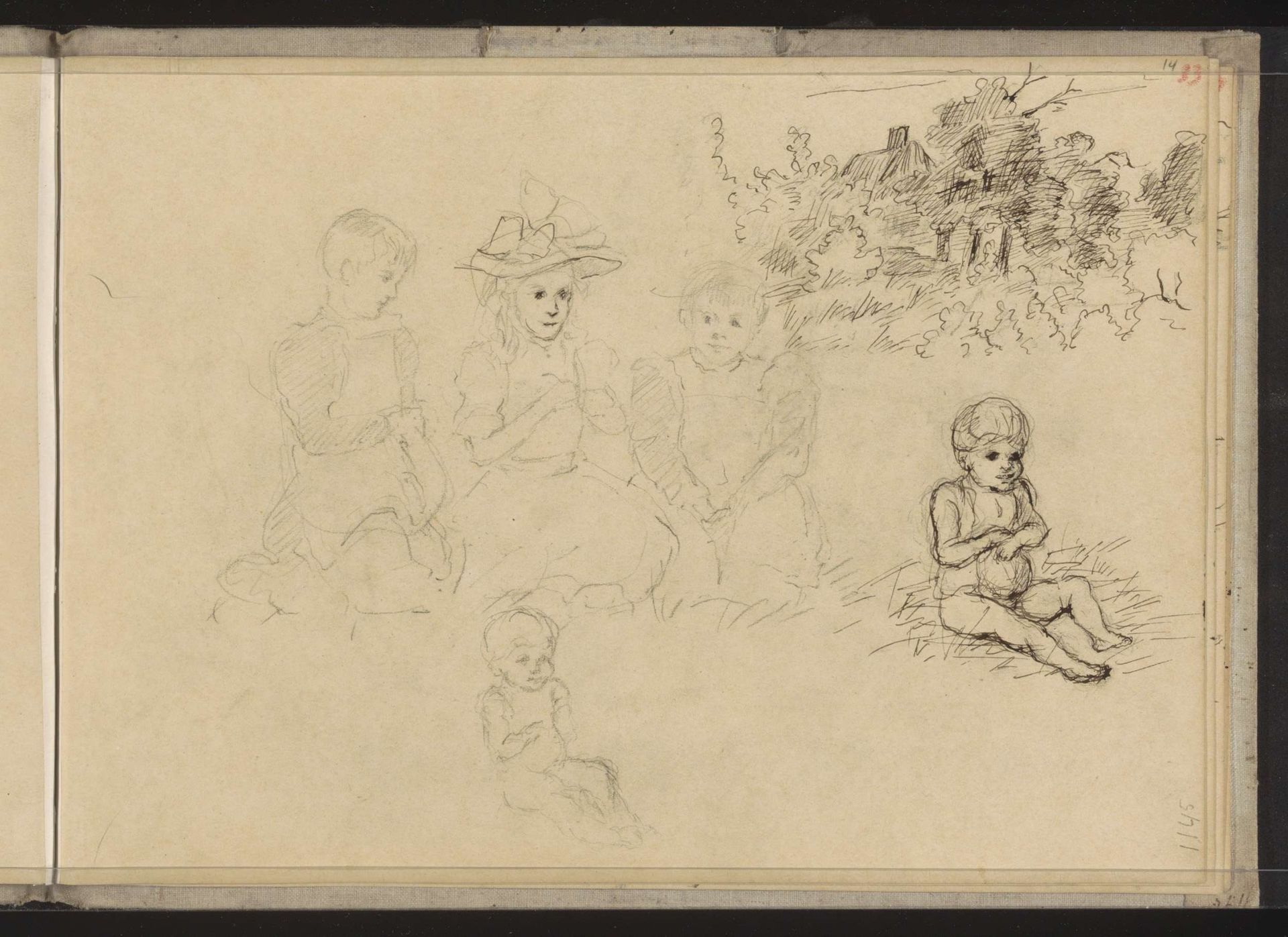 Huis in een landschap en zittende kinderen by Jozef Israëls