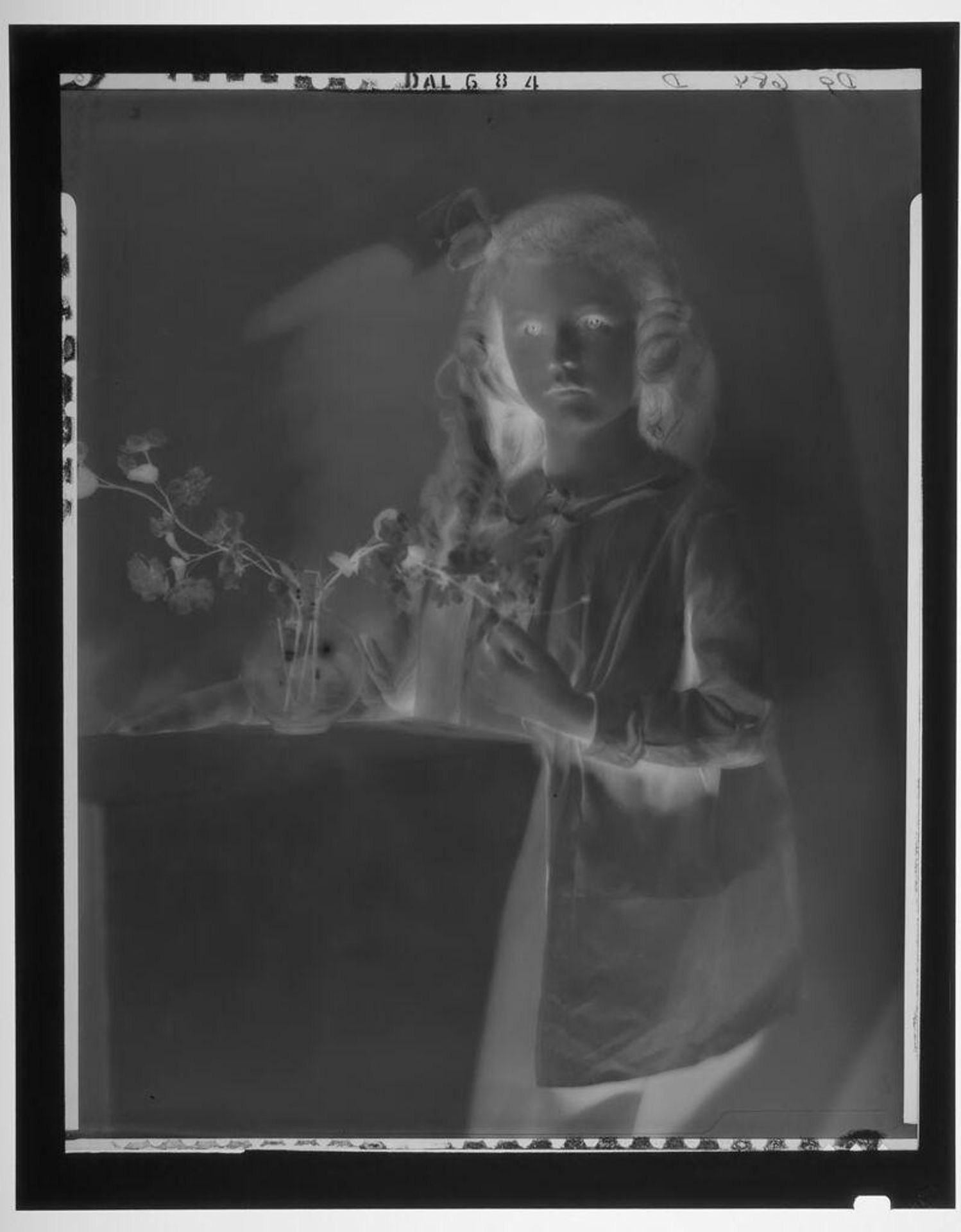 Untitled (girl standing next to flowers on table) by Paul Gittings