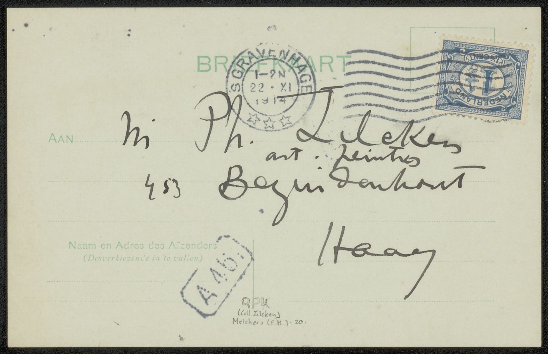 Briefkaart aan Philip Zilcken by F.M. Melchers