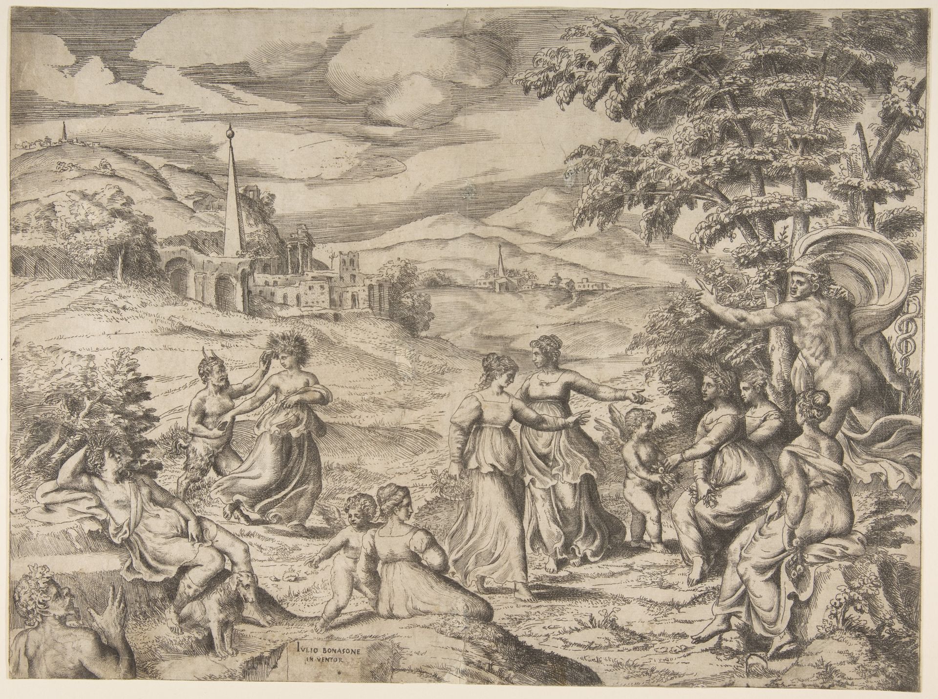 Mercury at the right telling the story of Pan and Syrinx by Giulio Bonasone