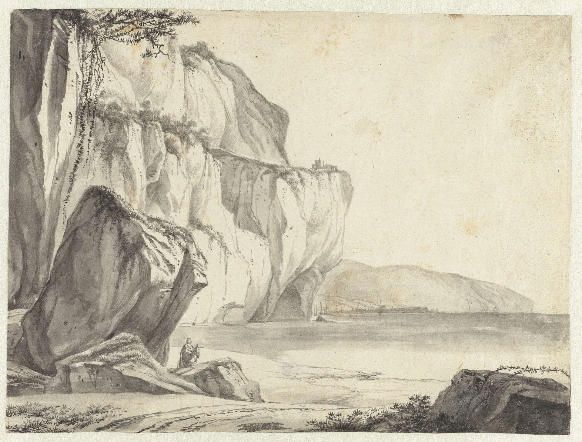 Kustgezicht met uit het water oprijzende rotsen by Jan Asselijn