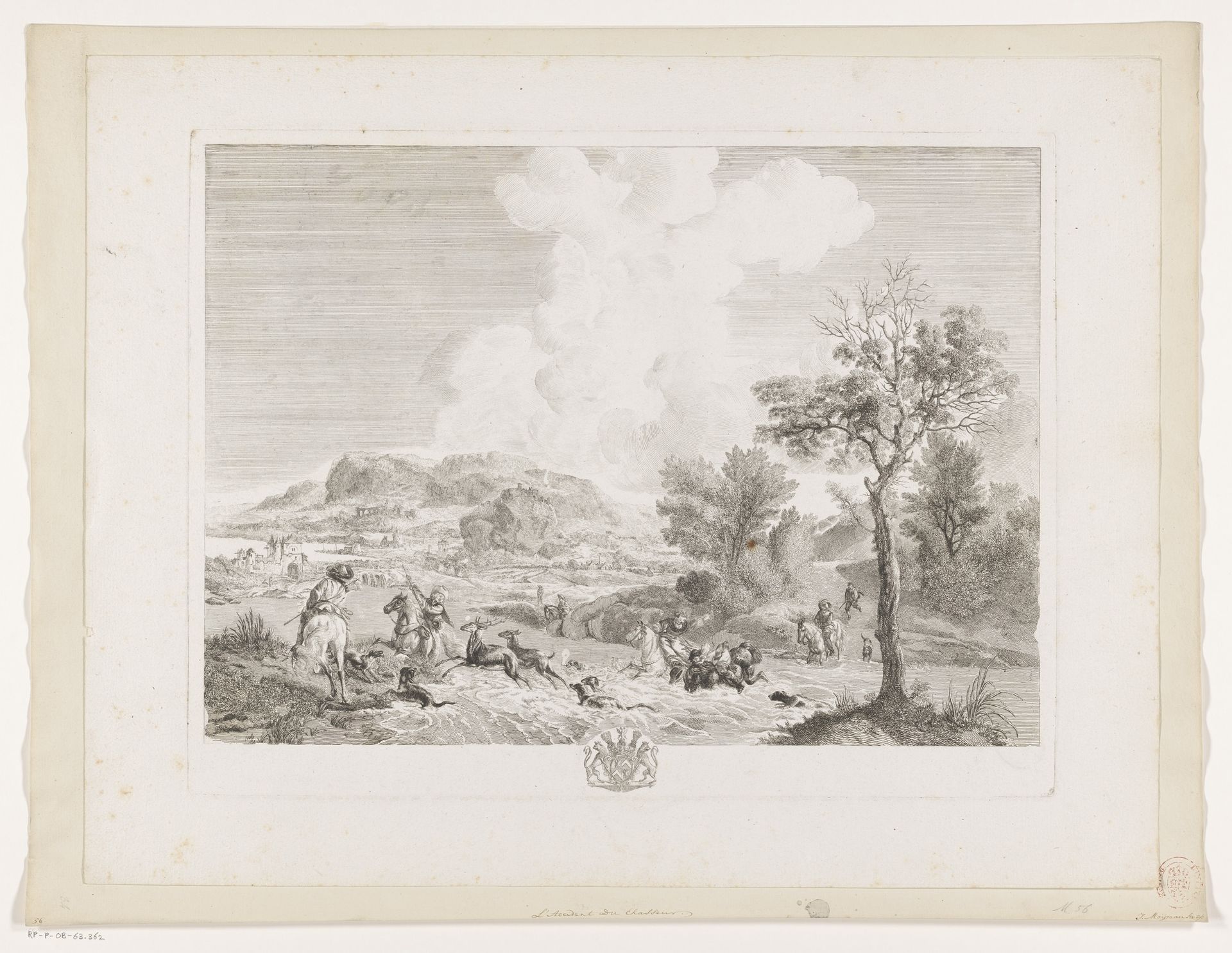 Hertenjagers steken een rivier over by Jean Moyreau