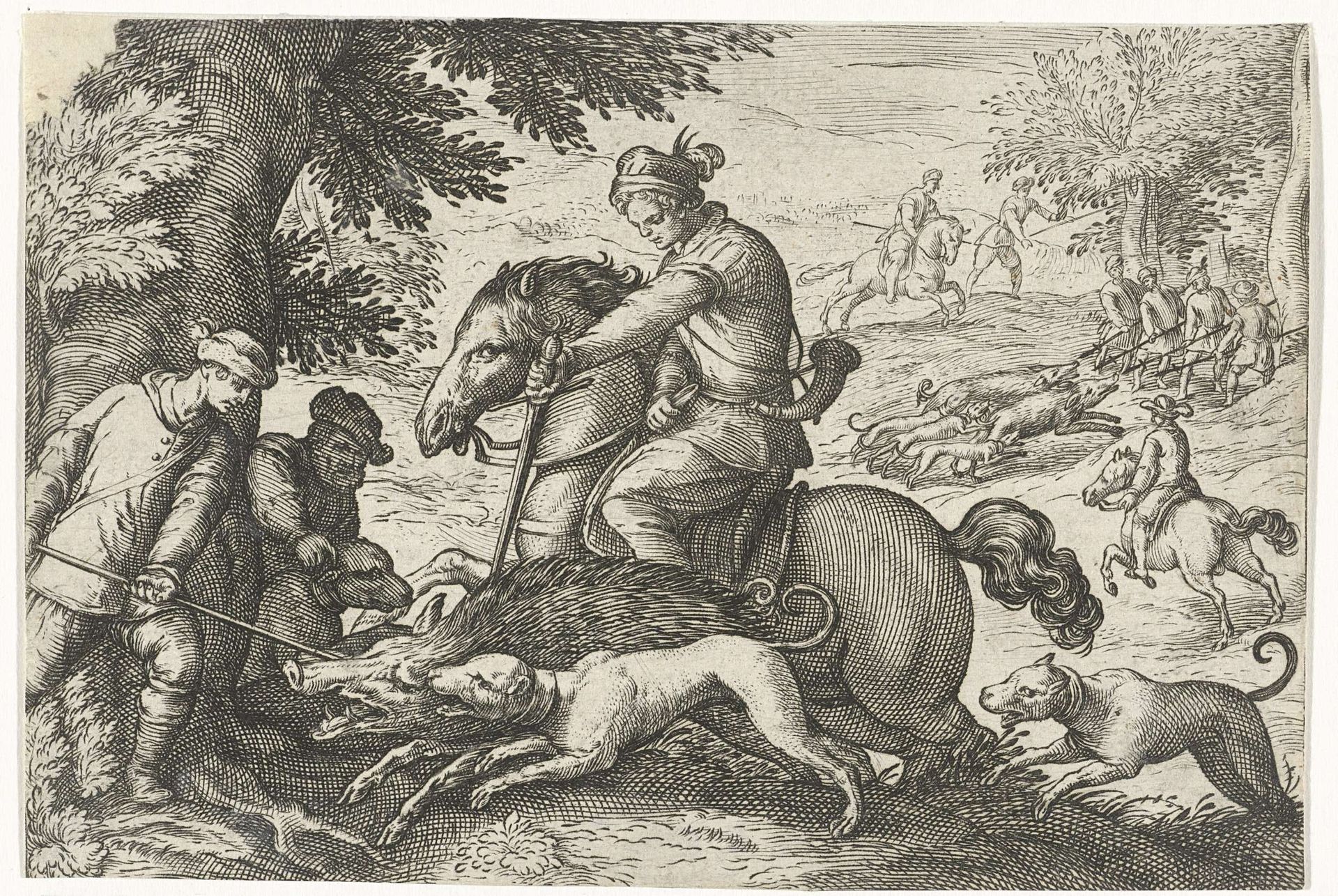 Heuvelachtig landschap met jacht op wilde zwijnen by Egbert Jansz.