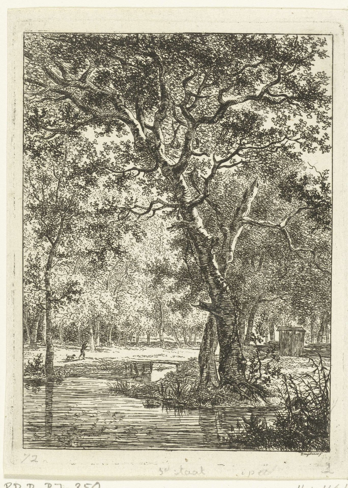 Boslandschap met man en hond bij een brug by Ernst Willem Jan Bagelaar