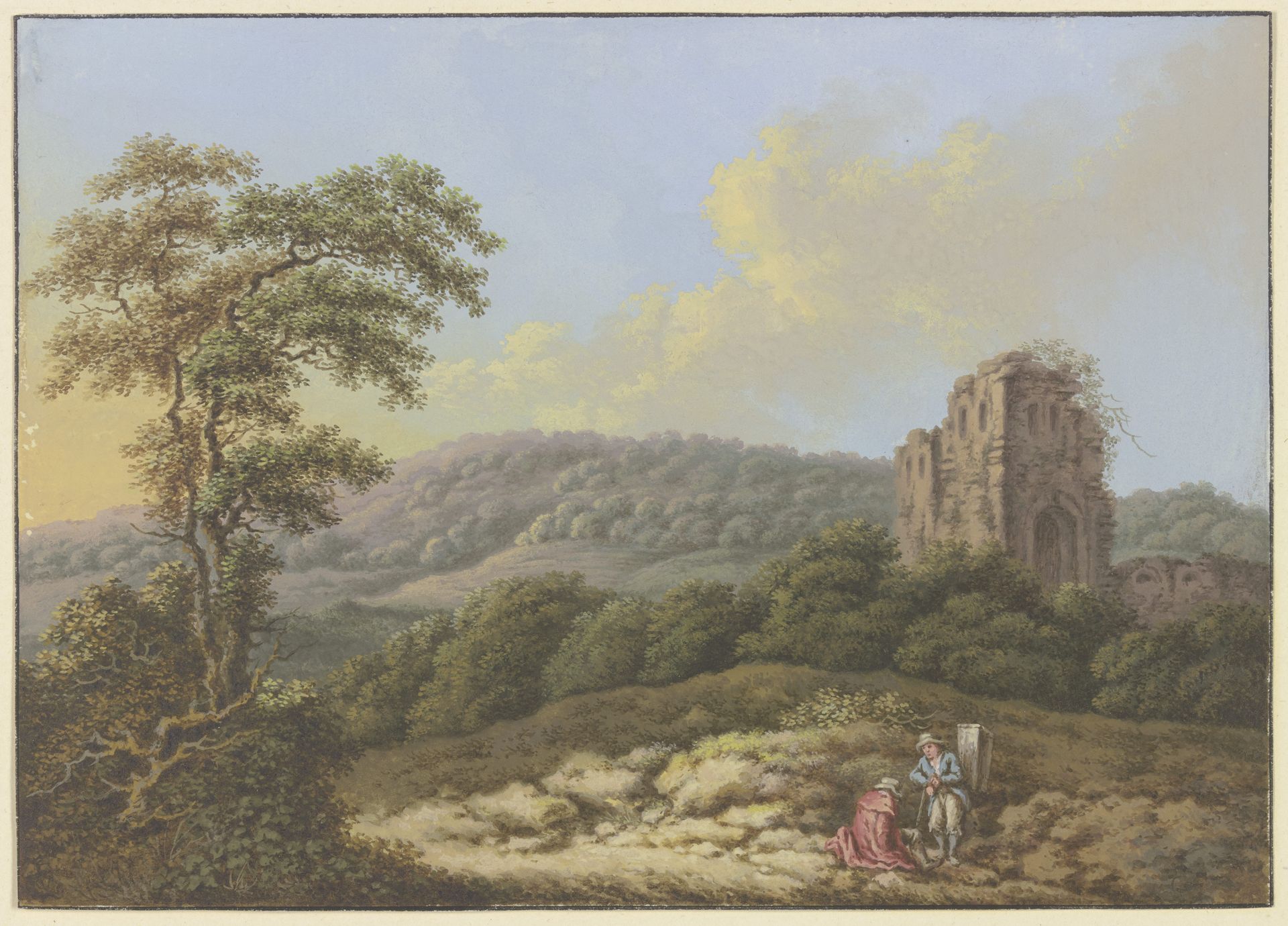 Landschaft mit einer Ruine, links ein hoher Baum, im Vordergrund zwei Wanderer by Friedrich Rauscher