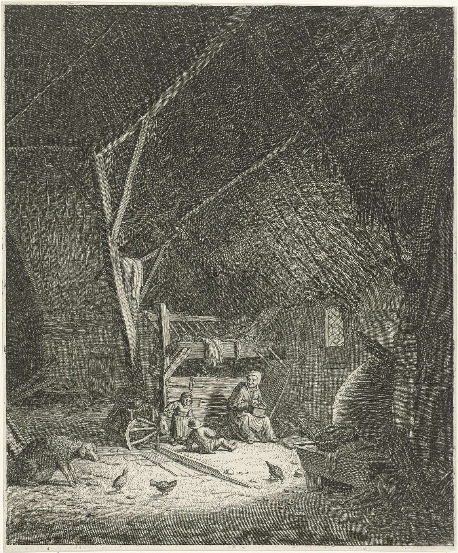 Interieur van een schuur met moeder en twee kinderen by Jacob (1620-ca.1673) Louys