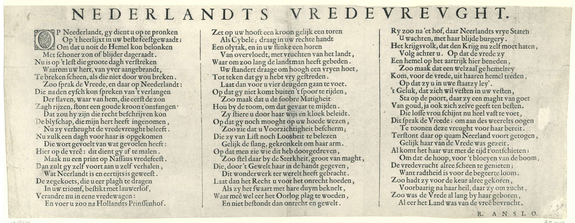 Tekstblad bij de Allegorie op de Vrede van Munster, 1648 by Reyer Anslo