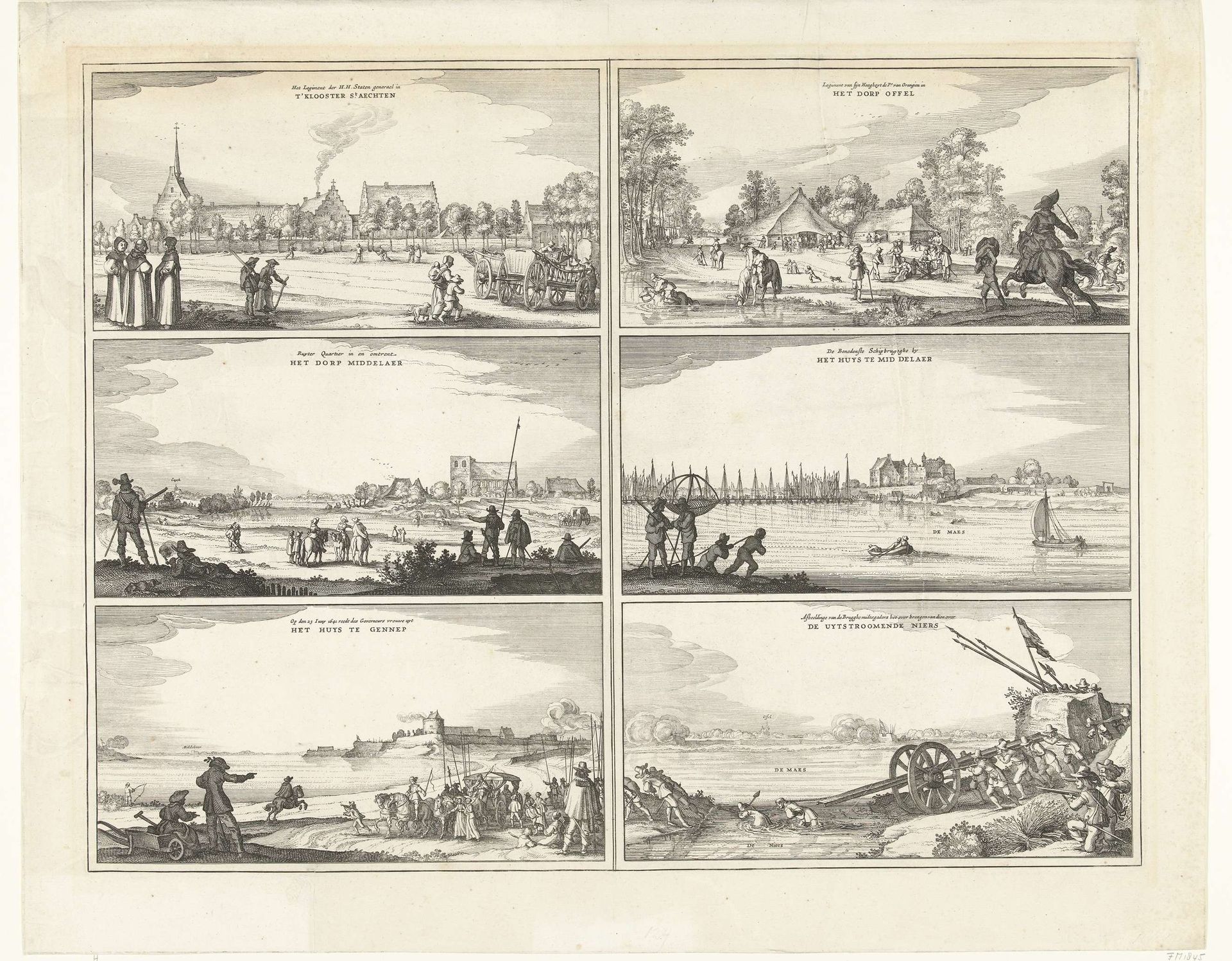 Zes scènes tijdens het beleg van Huis te Gennep, 1641 by Claes Jansz. Visscher